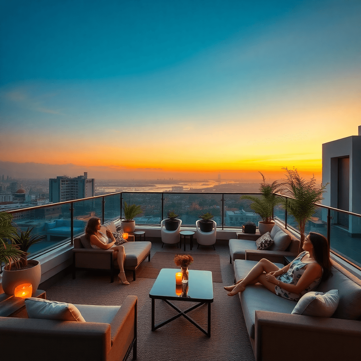 Illustration of a thoughtful woman in her 30s, surrounded by symbols representing mental health myths and facts. Rooftop hotel lounge at sunset with soft lighting, cozy seating, and a calm, stylish atmosphere promoting relaxation and well-being.