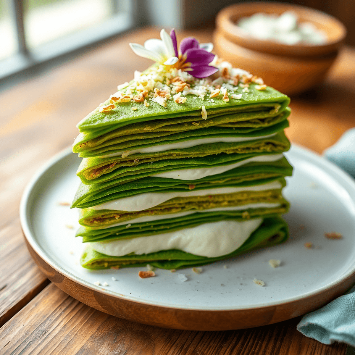 Thai Lod Chong Crepe Cake Close-up of a vibrant pandan crepe cake with green layers, white coconut cream, toasted coconut, and edible flowers on a rustic wooden table.