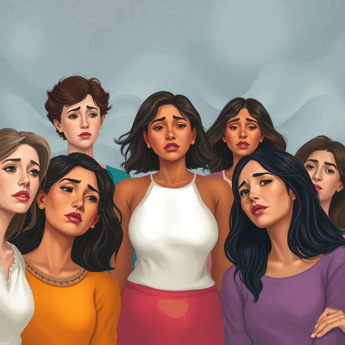 travel around the world with screaming lady experience A group of women showing emotions from confusion to relief with soft abstract waves in the background symbolizing emotional complexity.