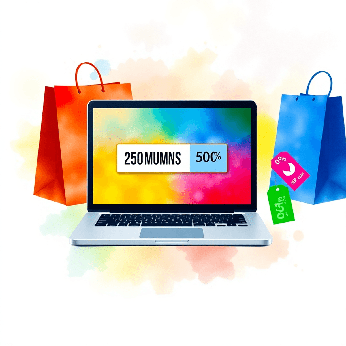 A colorful laptop displaying a promo code, surrounded by shopping bags and discount tags, set against a bright, inviting watercolor background.