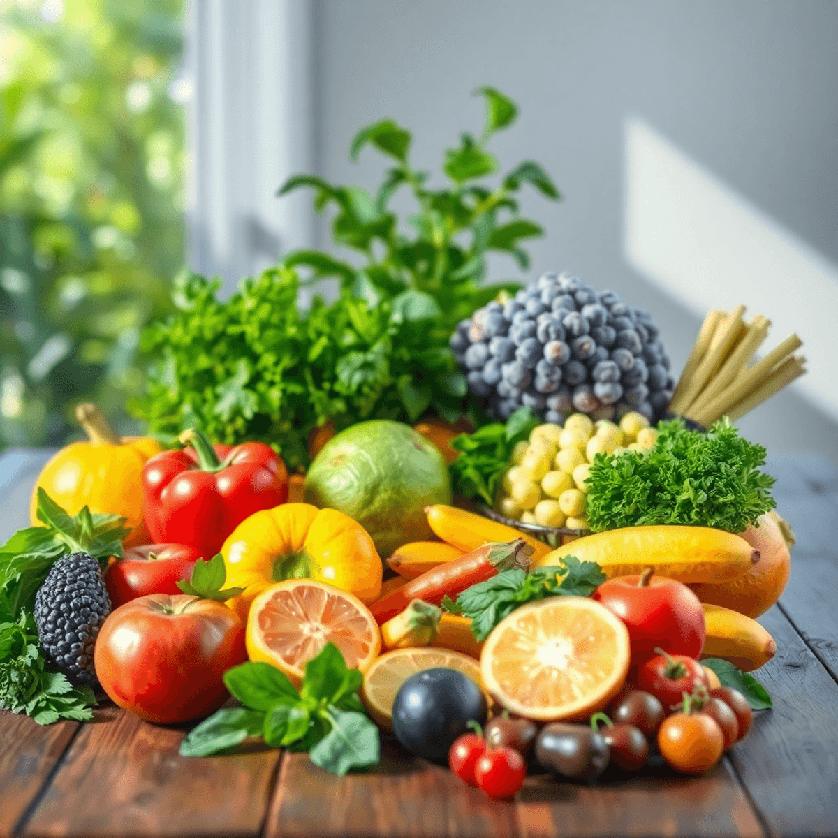 why blood become dirty? A colorful assortment of fresh fruits, vegetables, and herbs on a wooden table bathed in soft sunlight, symbolizing health and detoxification.