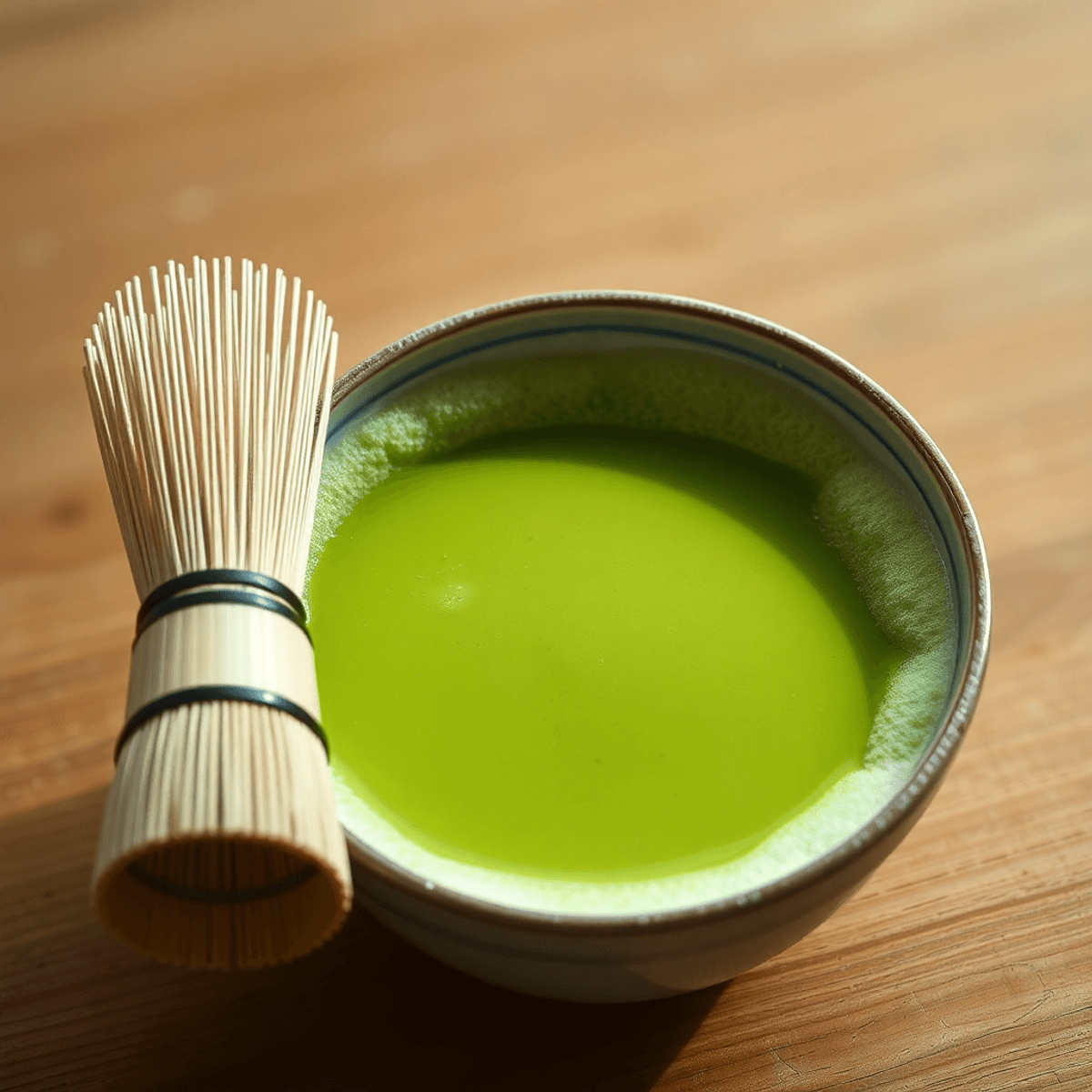 Close-up of a bamboo matcha whisk beside a bowl of frothy green matcha tea on a wooden surface with soft natural light.