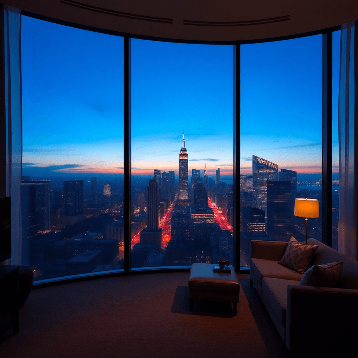 Luxurious hotel room with floor-to-ceiling windows overlooking a glowing city skyline at twilight, featuring cozy seating and soft ambient lighting.