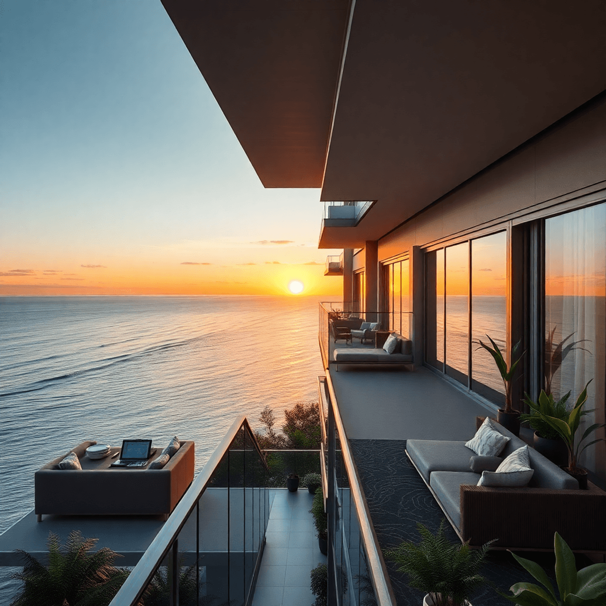coworking space with sea view Modern high-rise condo with spacious balconies, comfortable seating, greenery, overlooking calm ocean at sunset, blending luxury and tranquility in a coastal setting.