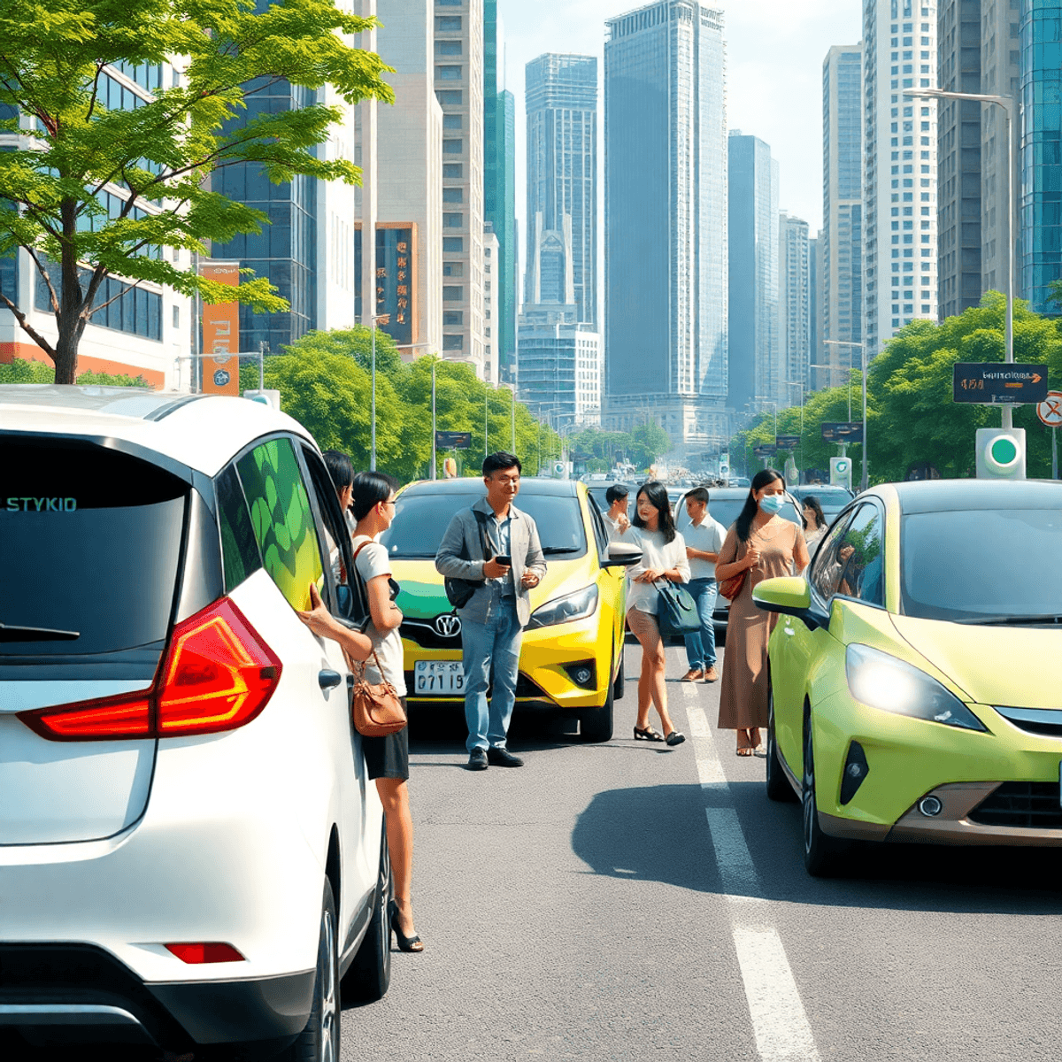 A bustling cityscape with electric vehicles on the road, charging stations, and lush greenery, illustrating a sustainable and innovative urban lifestyle.