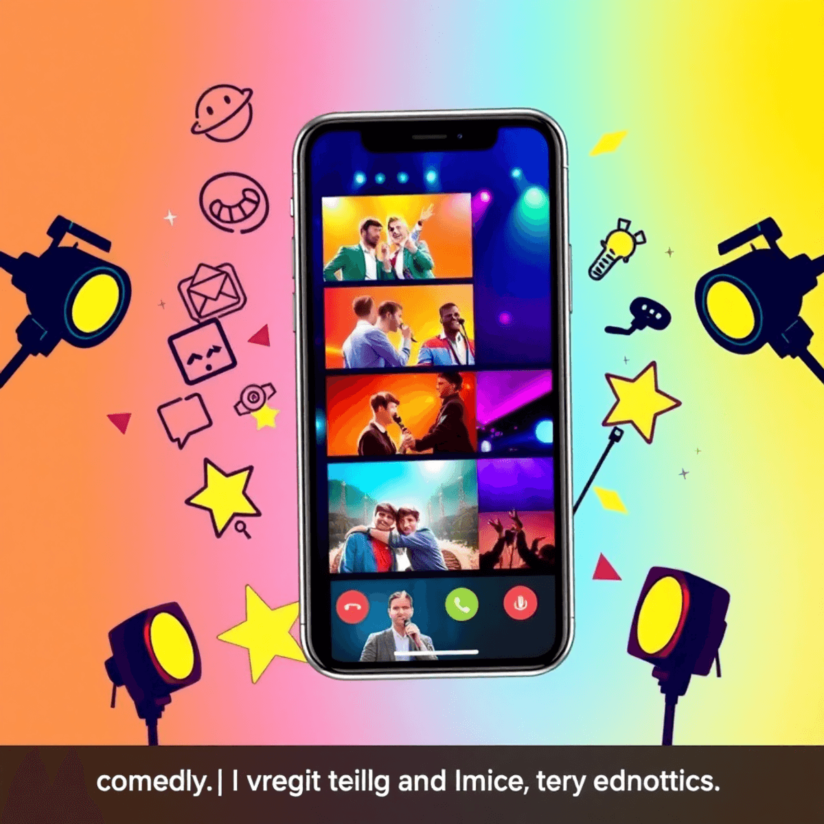 video virality vs low content rate Smartphone showing colorful vertical videos, surrounded by abstract creativity icons, stage spotlights, and microphones on a bright, energetic background.