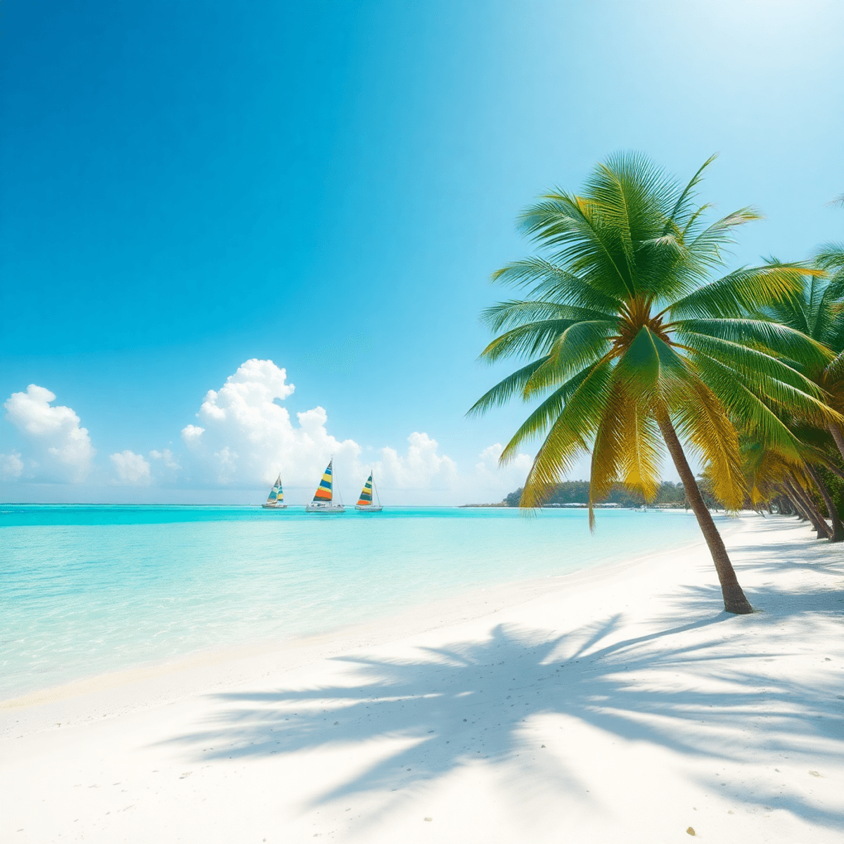 Minimalist tropical beach with white sand, turquoise water, colorful sailboats, and green palm trees under a sunny sky.