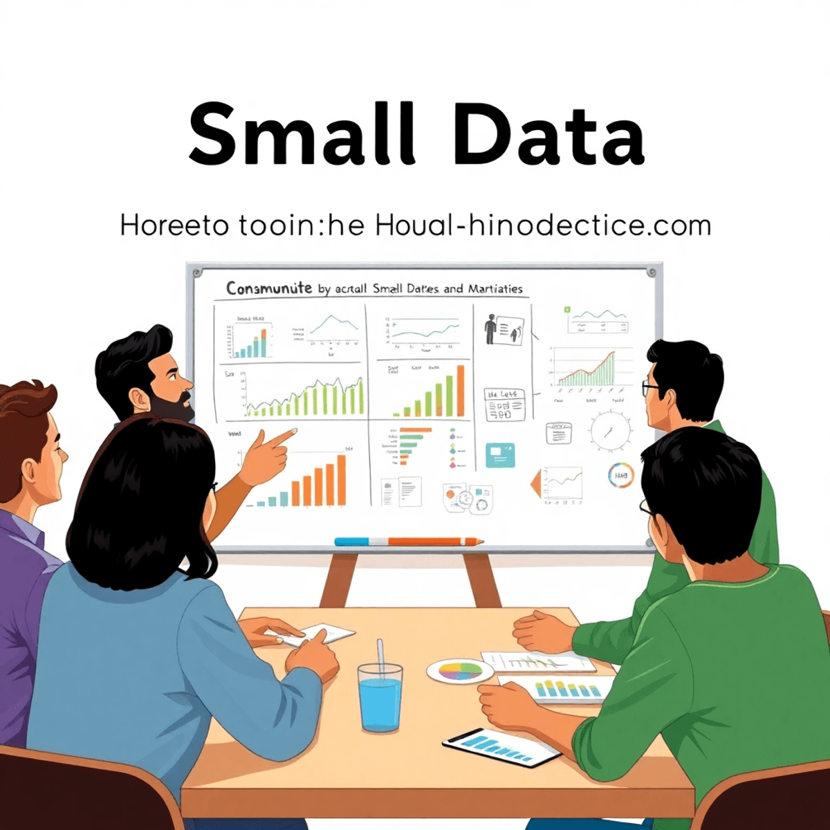 A lively community meeting with individuals discussing data charts on a whiteboard, surrounded by small data visualizations and infographics, emphasizing collaboration and local decision-making.