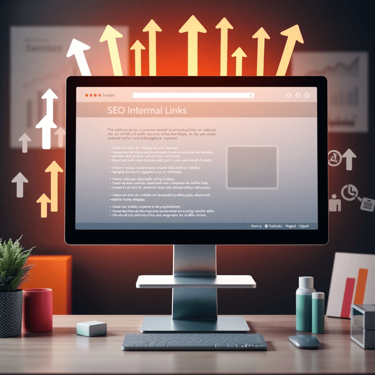 A computer screen shows a website with highlighted internal links, surrounded by SEO symbols like upward arrows and search engine icons, set against a background of digital marketing elements.