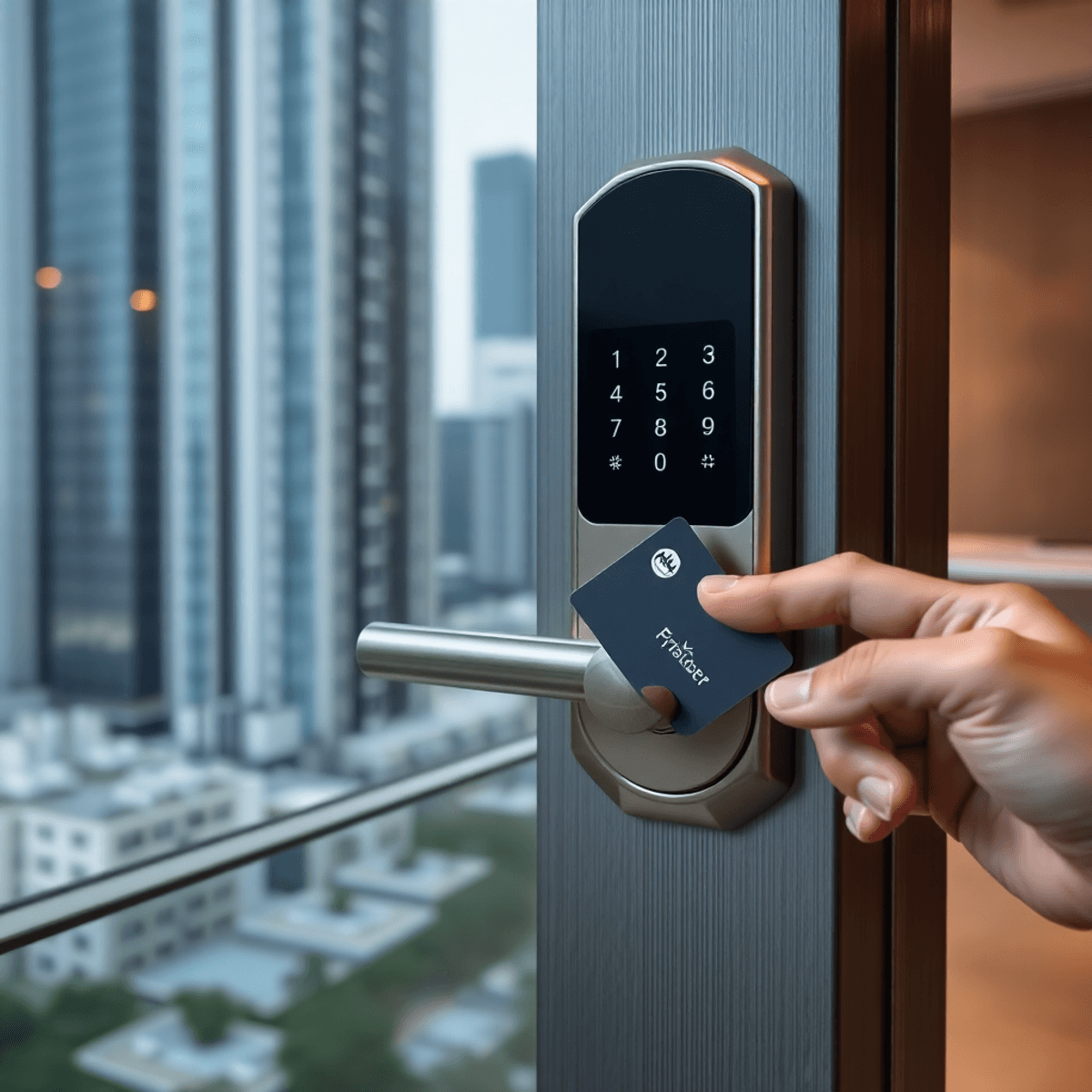 problem with keycard update in jurdiction offcie Close-up of a modern electronic condo door lock with a keycard near it, set against a sleek urban apartment background with soft natural lighting.