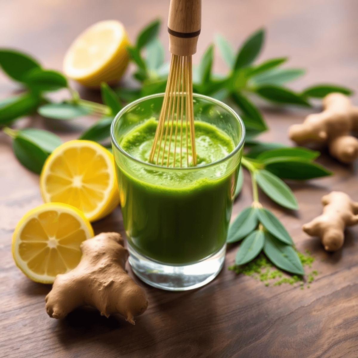 energy shot of matcha in green club Close-up of a glass shot with green matcha powder being whisked by a bamboo whisk, surrounded by tea leaves, lemon slices, and ginger on a wooden table.