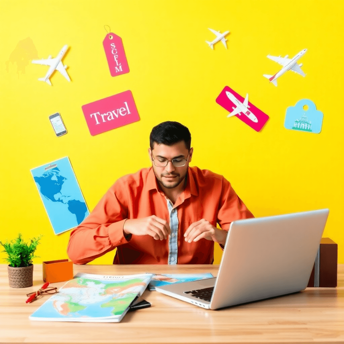 Travel Cost Trends 2025, Inflation Impact on Tourism, Budget Travel Hacks, Rising Airfare Prices, Currency Fluctuations Travel, Cost of Living for Travelers, Affordable Destinations 2025, Inflation and Travel Planning Traveler planning a trip with laptop and brochures, surrounded by discount tags, airplane models, and hotel icons on a bright, minimalist background.