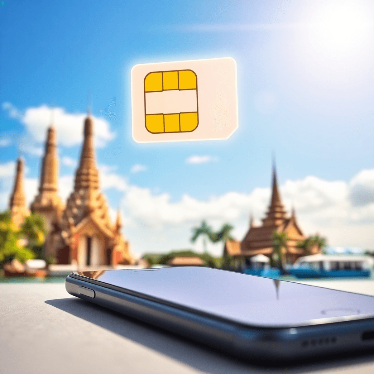 Thailand Cybersecurity HELP in DA NANG VIETNAM WITH DTEC SIM CARD Close-up of a smartphone with glowing digital SIM icon, set against minimalist Thai temples and tropical beaches under a bright sky.