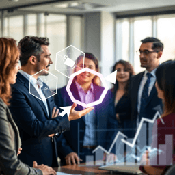 Professionals discussing finance in a modern office with floating 3D shapes, glowing arrows, and transparent digital graphs indicating trends and valuation.