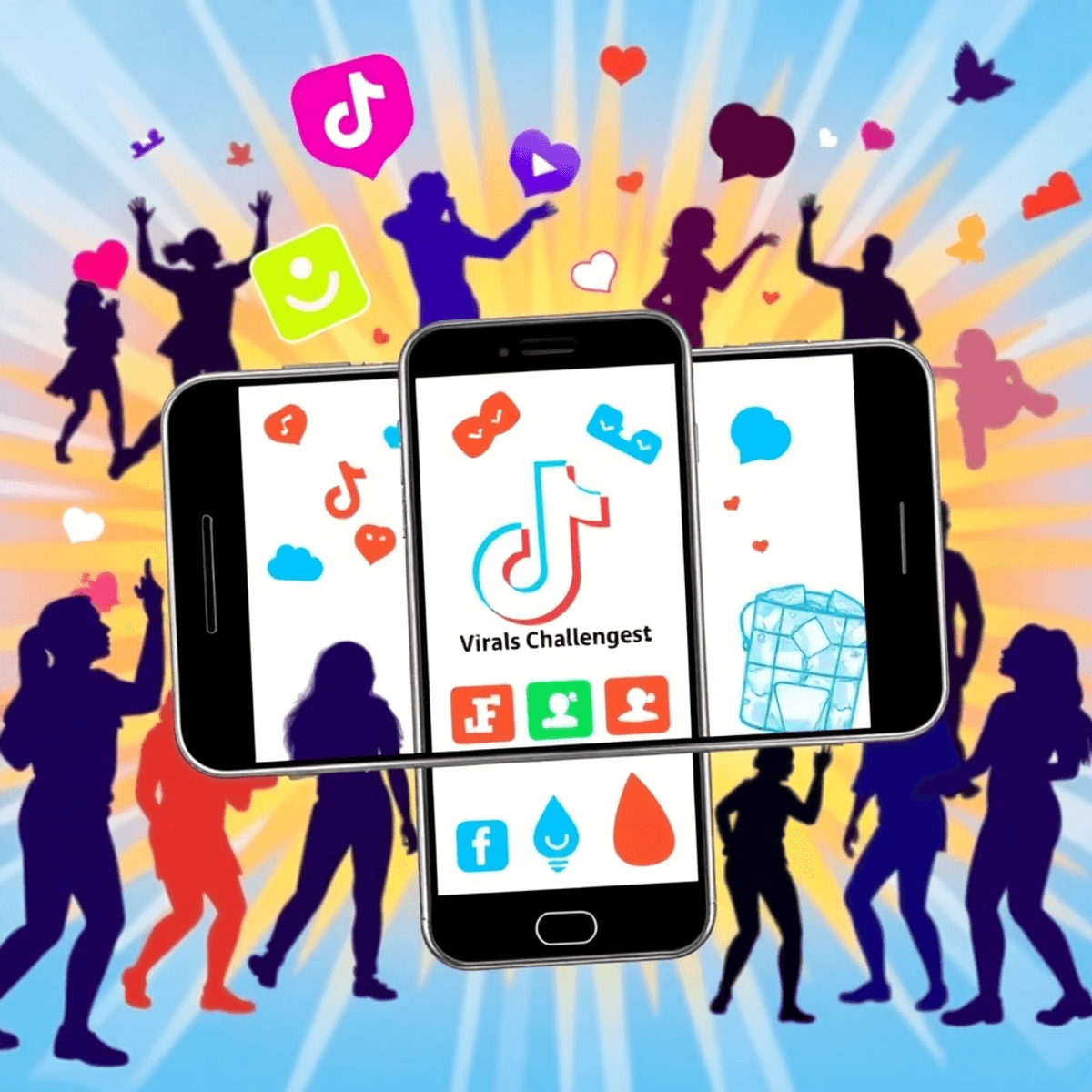 youtube shorts go viral A lively collage showcasing viral social media challenges with a smartphone displaying TikTok, colorful dance icons, ice buckets, and dynamic silhouettes against a vibrant background.