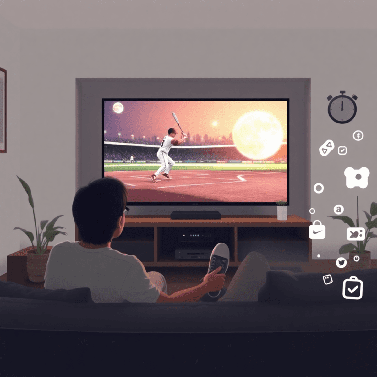 Comfortable living room with someone watching baseball on a big TV, the moon shining outside, soft lights, and fading social media icons showing avoiding spoilers.