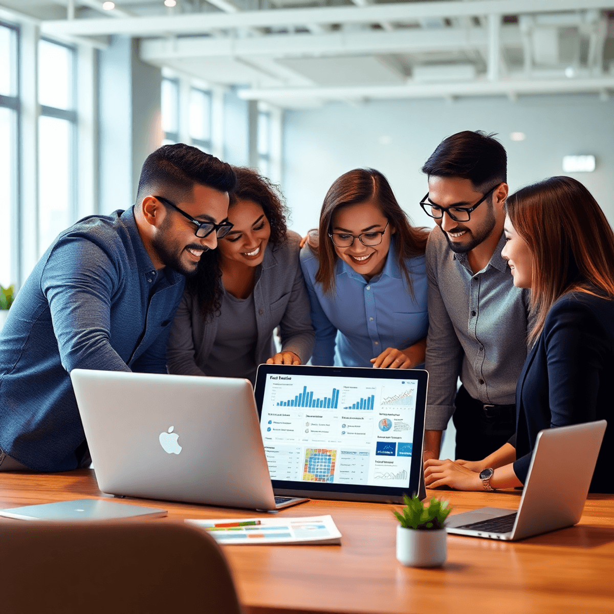 A diverse group of marketers collaborates around a laptop in a modern office, discussing strategies with charts visible on the screen, embodying teamwork and innovation.