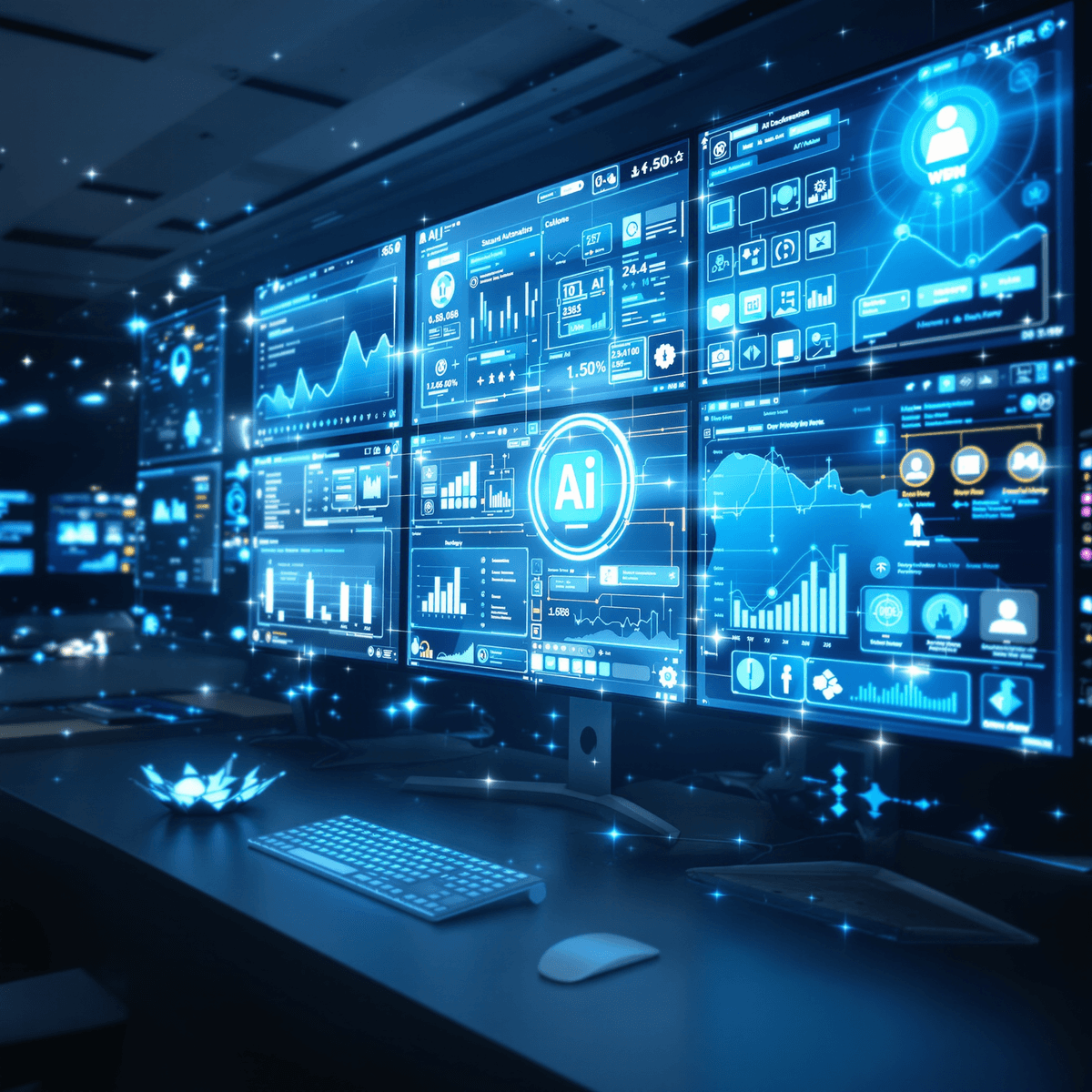 A modern digital workspace with multiple screens showing AI apps, charts, and automation icons in futuristic blue and white tones.