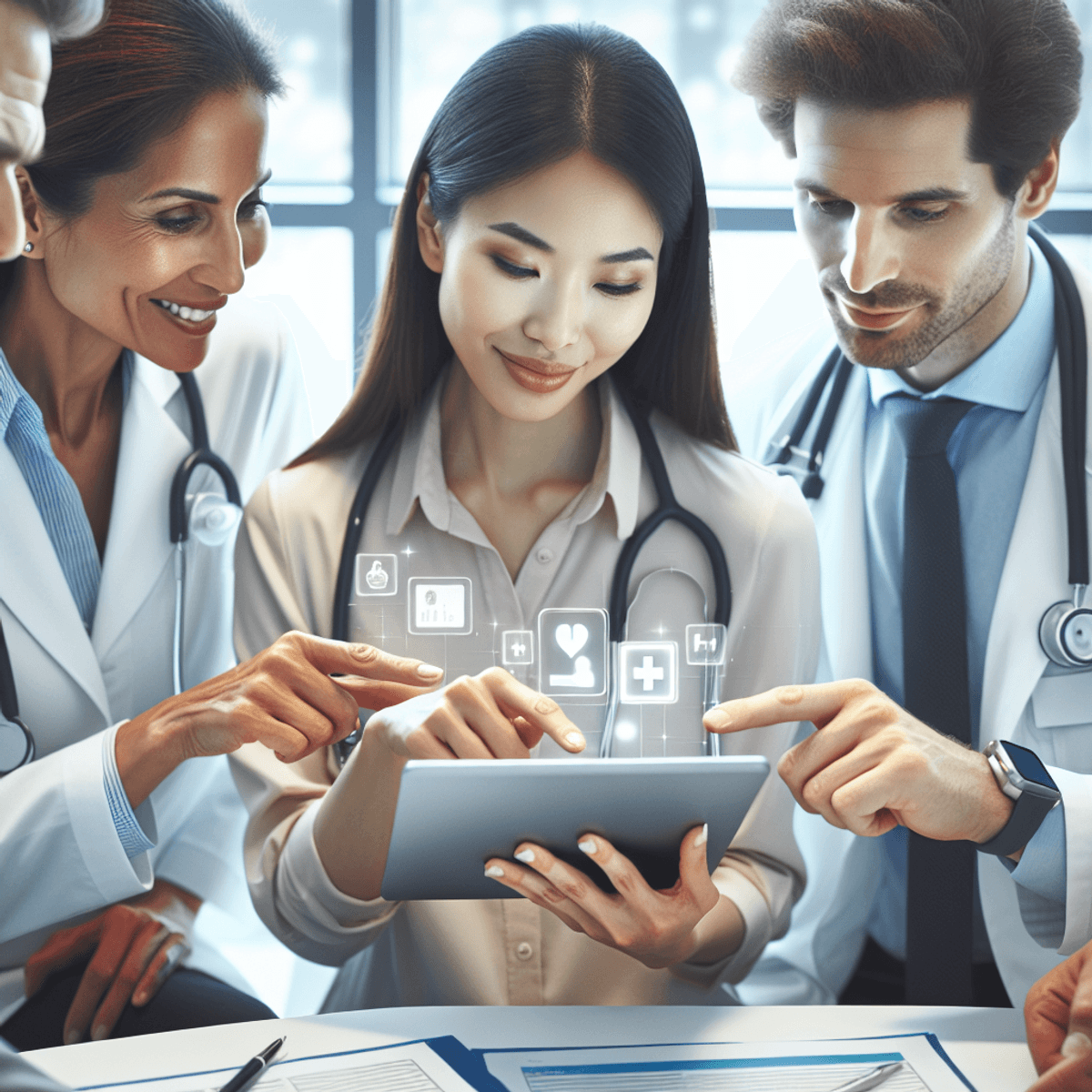 Disha Arogya Dham Sinus Migraine Clinic 7 A diverse team of healthcare professionals, including an Asian woman and a Caucasian man, collaborating around a digital tablet displaying a medical app interface in a modern clinic environment filled with innovative healthcare elements.