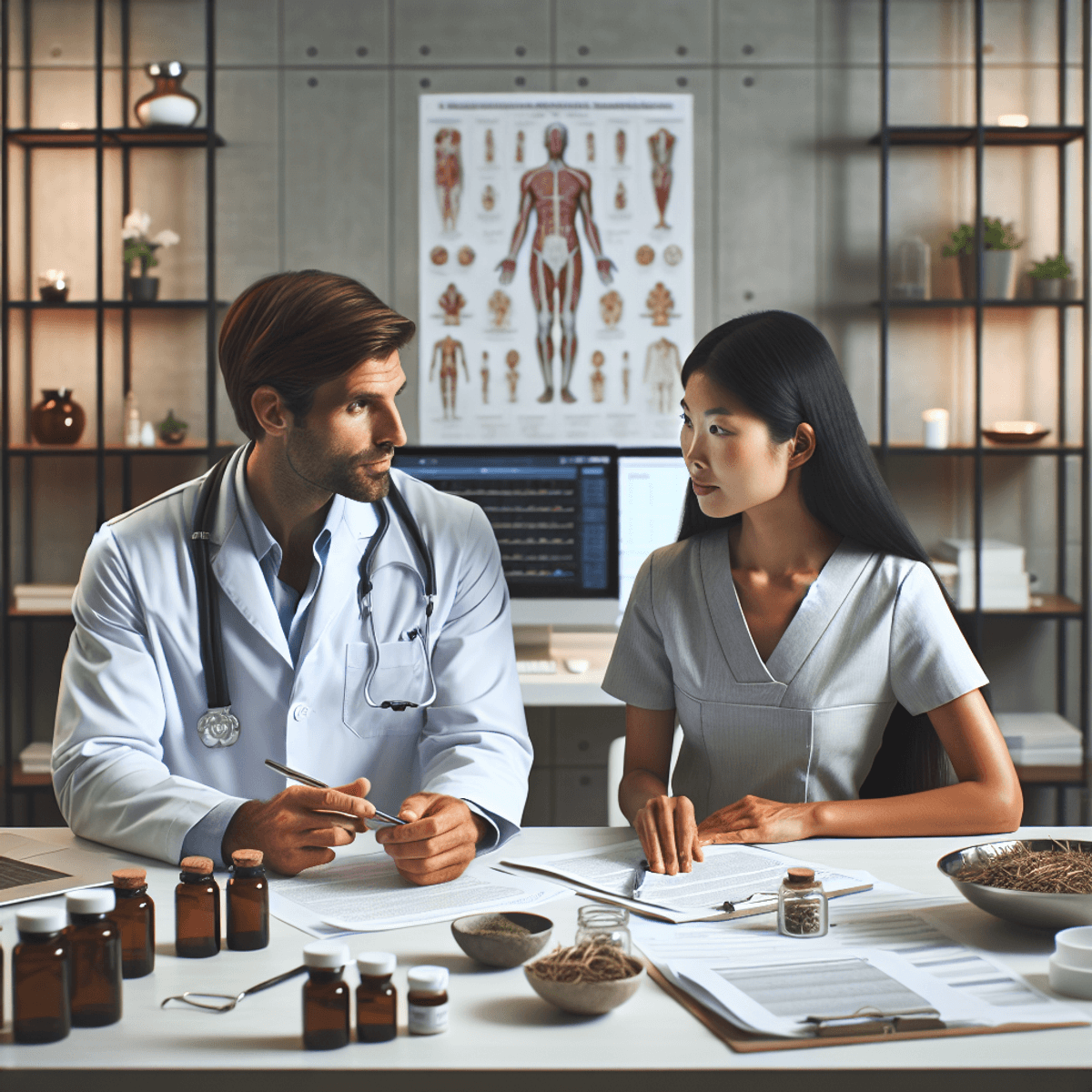 Disha Arogya Dham Sinus Migraine Clinic 9 A Caucasian man in a white coat and an Asian woman in scrubs are engaged in a focused discussion at a modern office desk, surrounded by Ayurvedic herbal products and wellness charts, reflecting their strategic planning in alternative medicine.