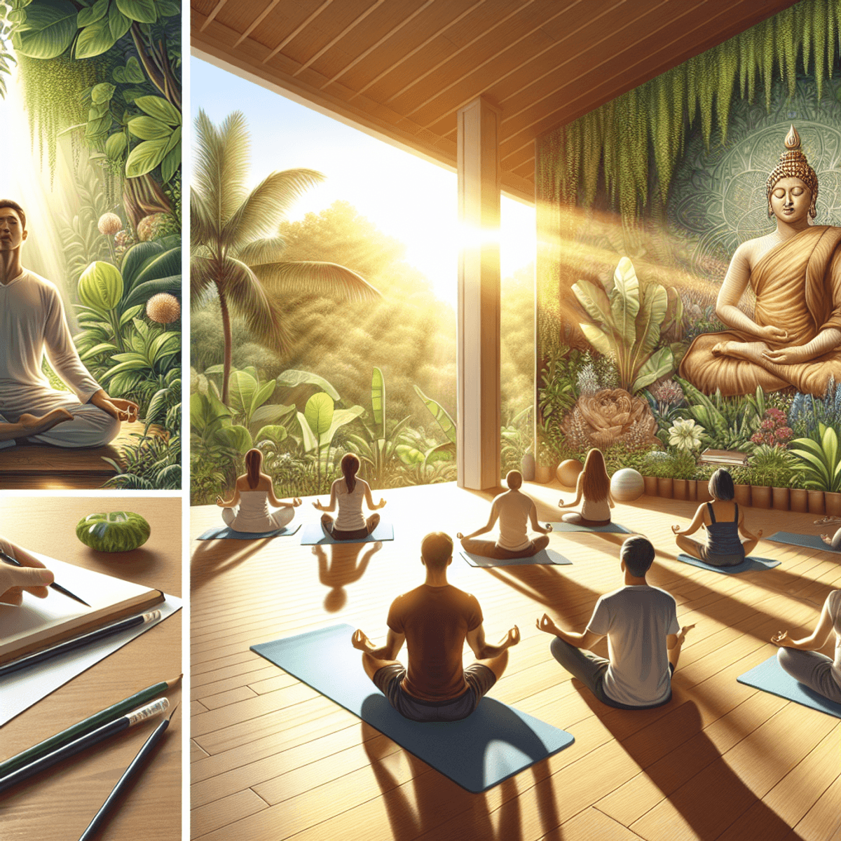 Disha Arogya Dham Sinus Migraine Clinic 8 A serene wellness center bathed in warm sunlight, showcasing lush green plants throughout the space. In the foreground, a Caucasian woman sits cross-legged in a meditation pose, eyes closed and breathing deeply. Nearby, a Hispanic man practices yoga on a mat, demonstrating a graceful pose. Surrounding them are individuals of various descents engaged in holistic health activities, contributing to an atmosphere of tranquility and community focused on natural treatment methods.