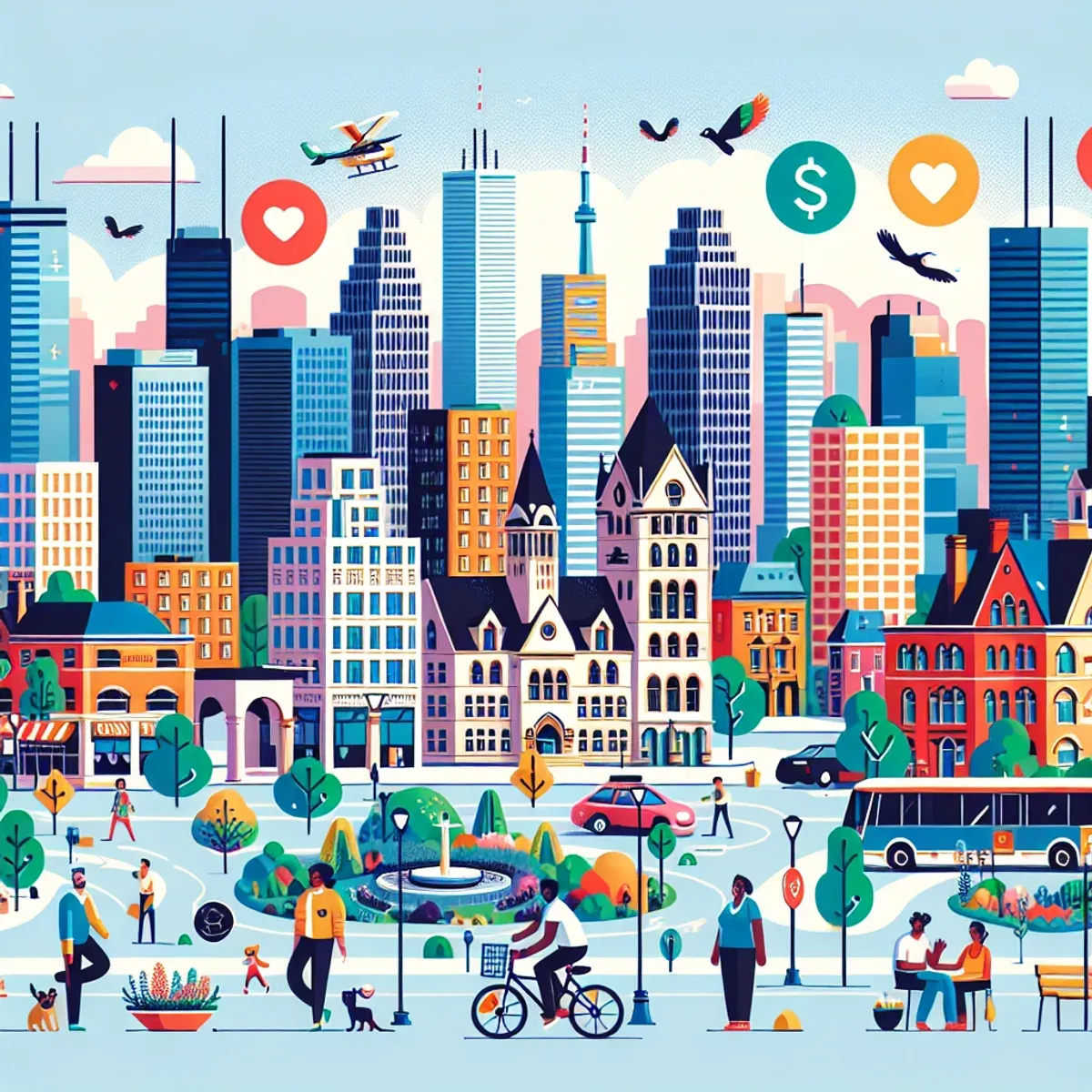 Vibrant cityscape of Toronto with diverse inhabitants and symbols representing lifestyle factors.