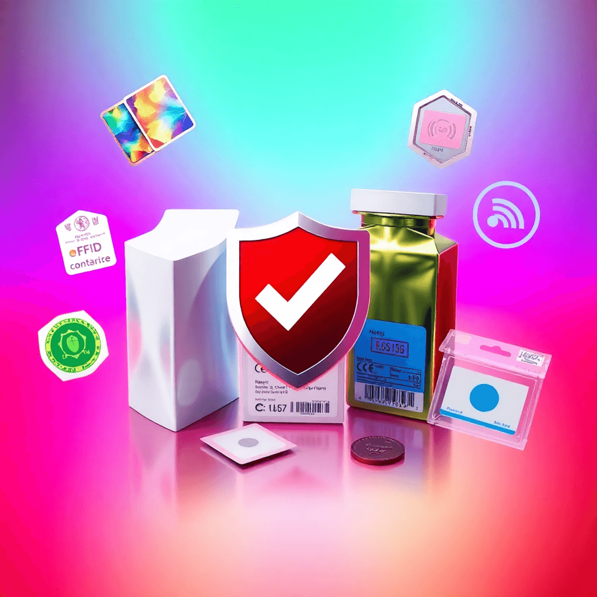 A colorful display of anti-counterfeiting packaging solutions, featuring holographic labels, RFID tags, and tamper-evident seals, highlighting symbols of authenticity.