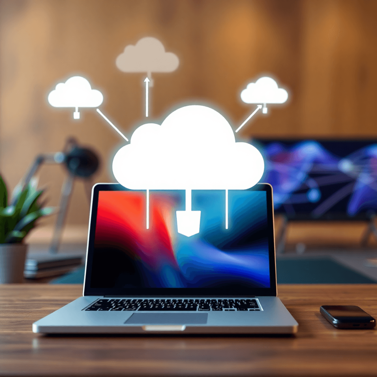 A modern workspace with a laptop and cloud icons, set against abstract digital patterns symbolizing innovation and flexibility in remote work solutions.