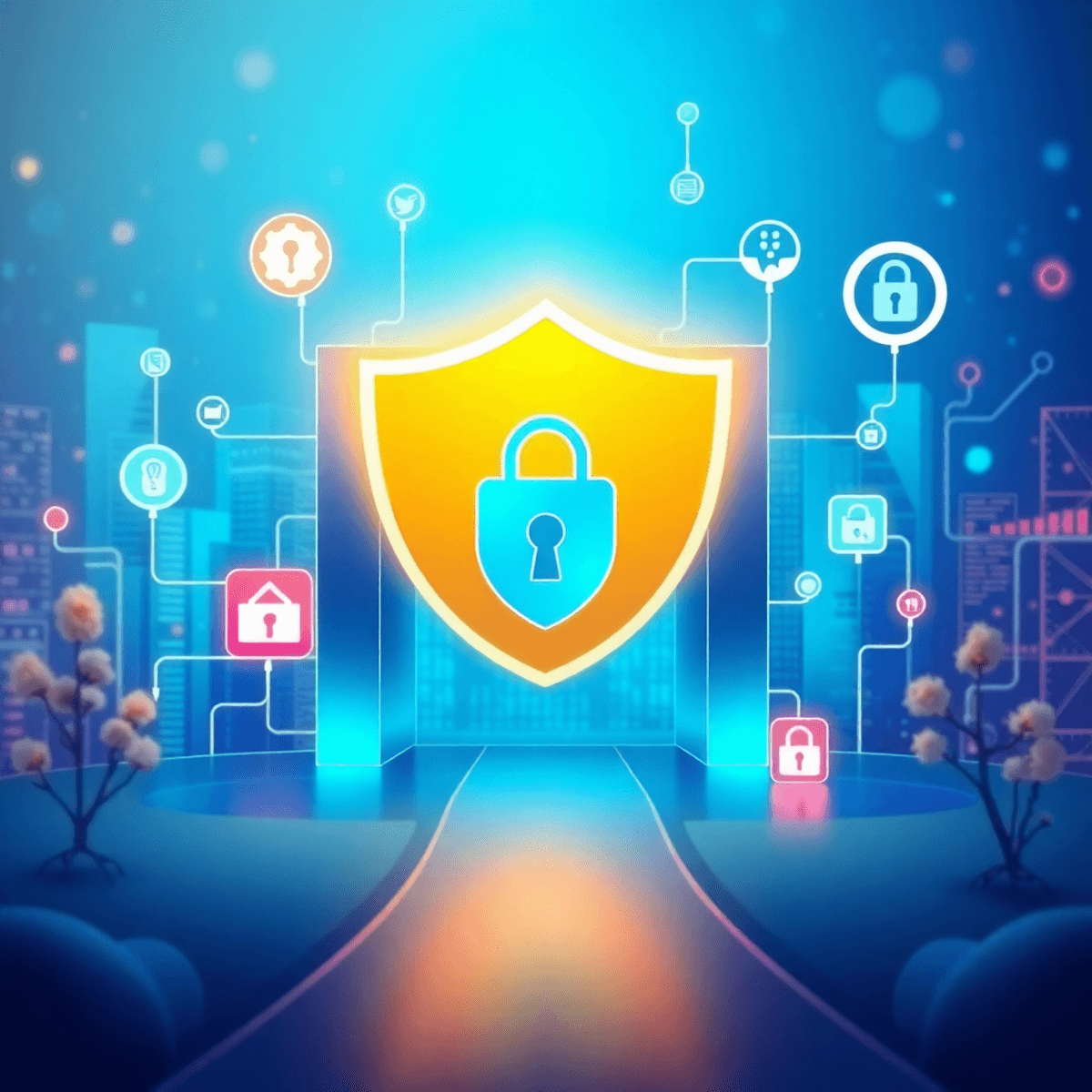 A modern digital landscape showcasing a secure web gateway symbol, shield, lock, and data protection icons, with abstract internet elements in bright colors.