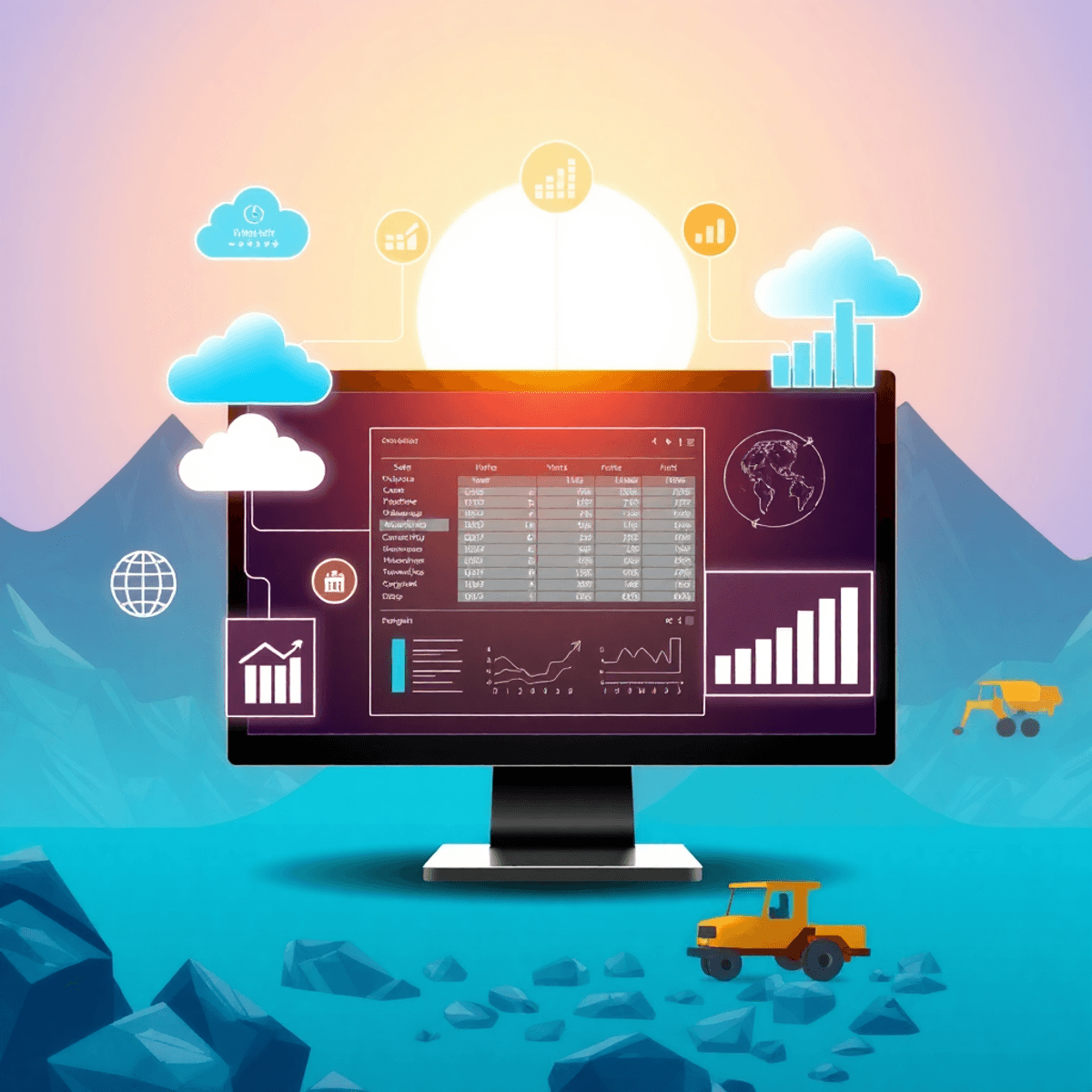 A computer screen displays a digital mining database interface, surrounded by cloud icons and data charts, with mountains and mining equipment in the background.