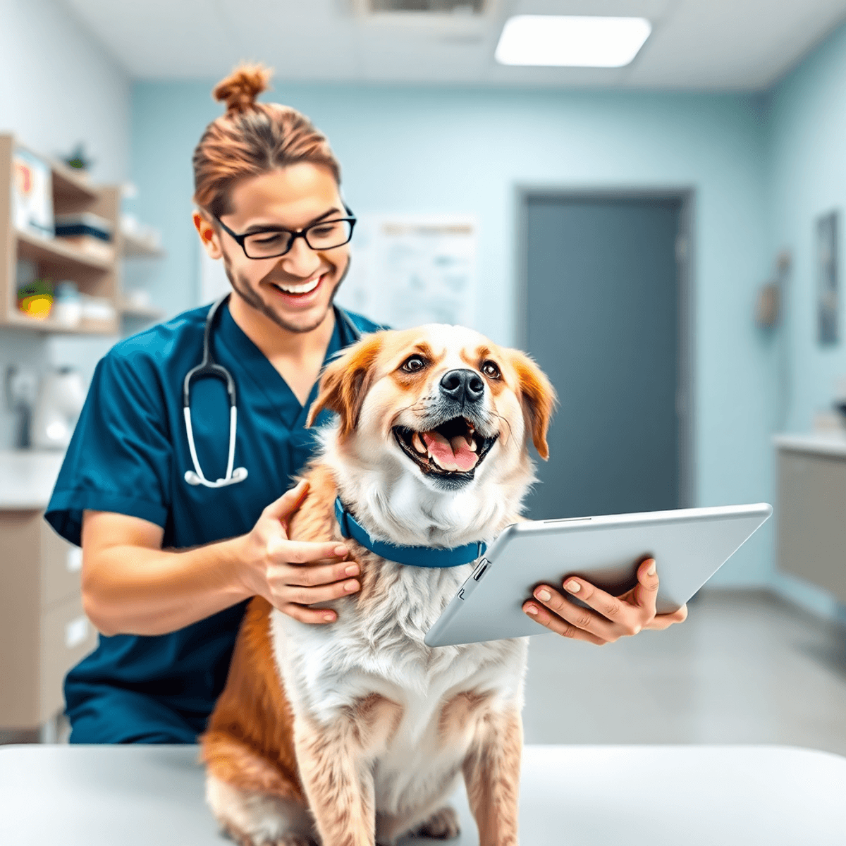 A veterinarian using a tablet to examine a happy dog in a modern, clean veterinary clinic filled with advanced technology.