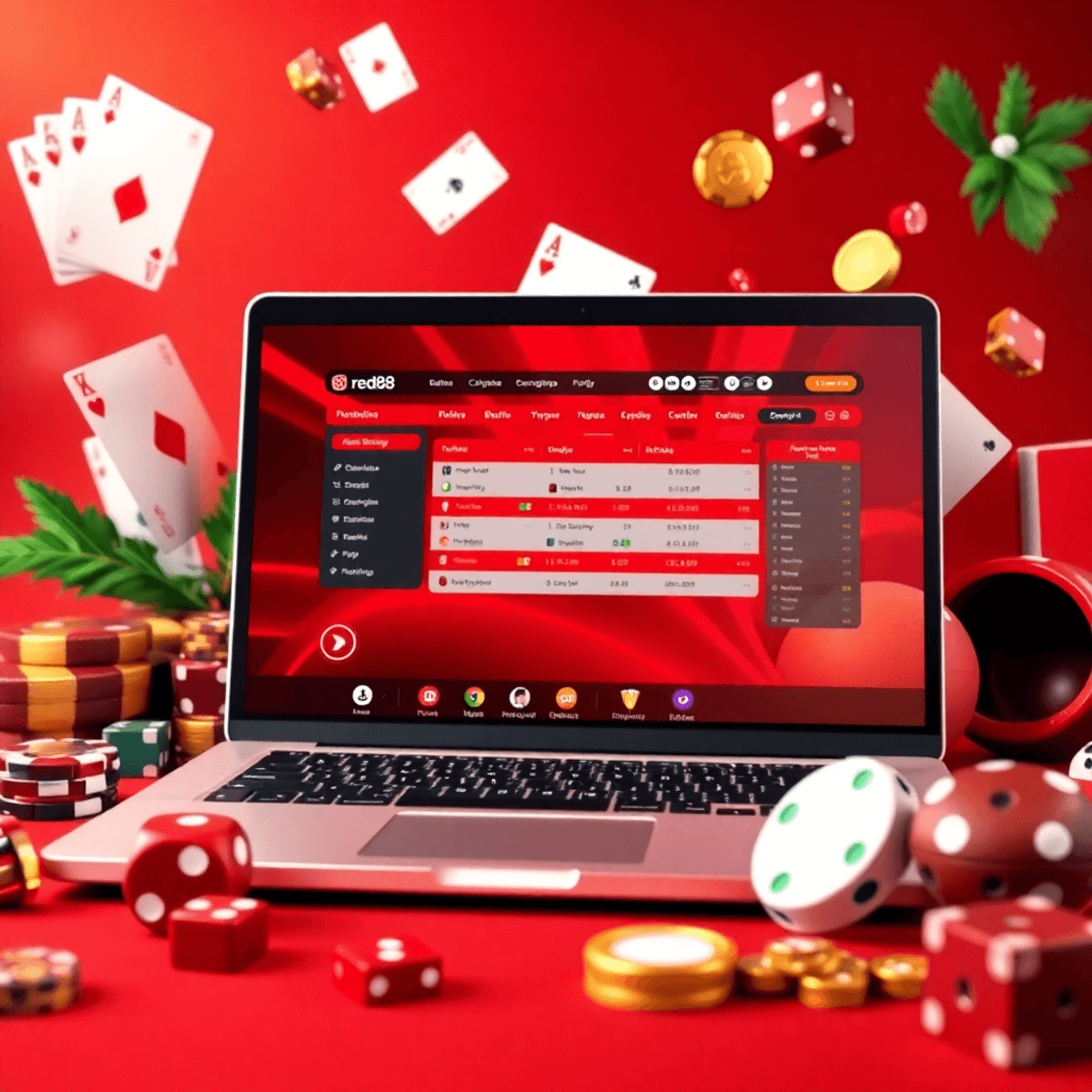 Một chiếc laptop hiển thị một nền tảng cá cược trực tuyến hiện đại, được bao quanh bởi các lá bài, xúc xắc và dụng cụ thể thao, với nền màu đỏ và vàng rực rỡ.
