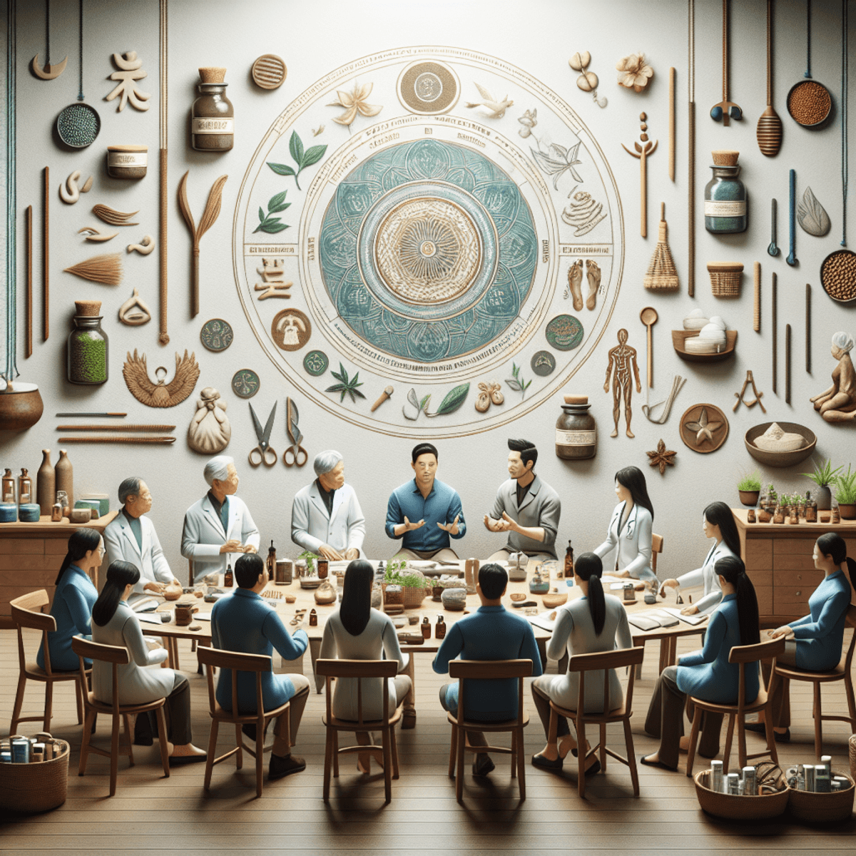 Would You Like to Earn Income Ayurveda Naturopathy Hospital 4 A diverse group of individuals, including Asian and Hispanic characters, are seated in a cozy wellness center, surrounded by plants and natural light. They are engaged in an animated discussion, with herbal remedies and essential oils displayed on a nearby table. The walls are adorned with calming artwork reflecting Ayurveda principles, and symbols of healing like crystals and incense are present. Soft cushions and mats create a comfortable environment, enhancing the atmosphere of holistic health and community.