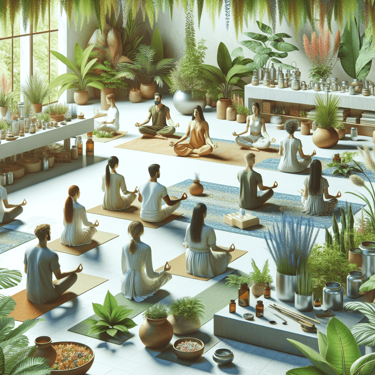 Would You Like to Earn Income Ayurveda Naturopathy Hospital 2 A serene Ayurvedic and natural healing clinic filled with vibrant green plants and an array of herbs. People of Caucasian and Asian descent engage in wellness activities like yoga and meditation, depicted in tranquil postures that convey a sense of peace and relaxation. The atmosphere is calming, emphasizing holistic health and overall well-being.