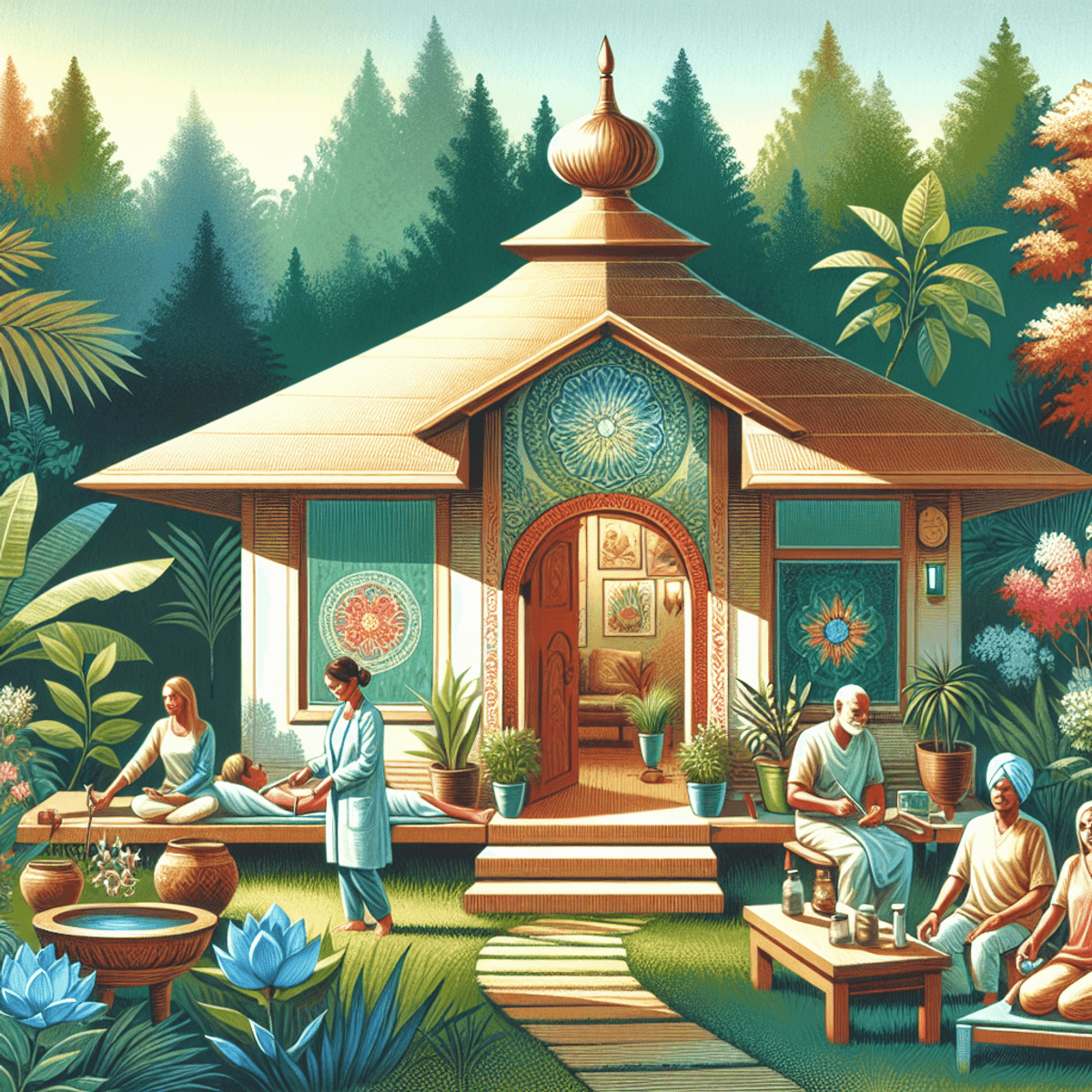 Would You Like to Earn Income Ayurveda Naturopathy Hospital 3 An inviting Ayurvedic clinic surrounded by lush greenery, featuring a welcoming entrance adorned with traditional Ayurvedic decorations. In the foreground, a Caucasian woman practices yoga on a mat, while a Hispanic man engages in a consultation with an Ayurvedic practitioner. An Asian individual relaxes nearby, enjoying herbal tea amidst the tranquil setting, all embodying health consciousness and social wellness.