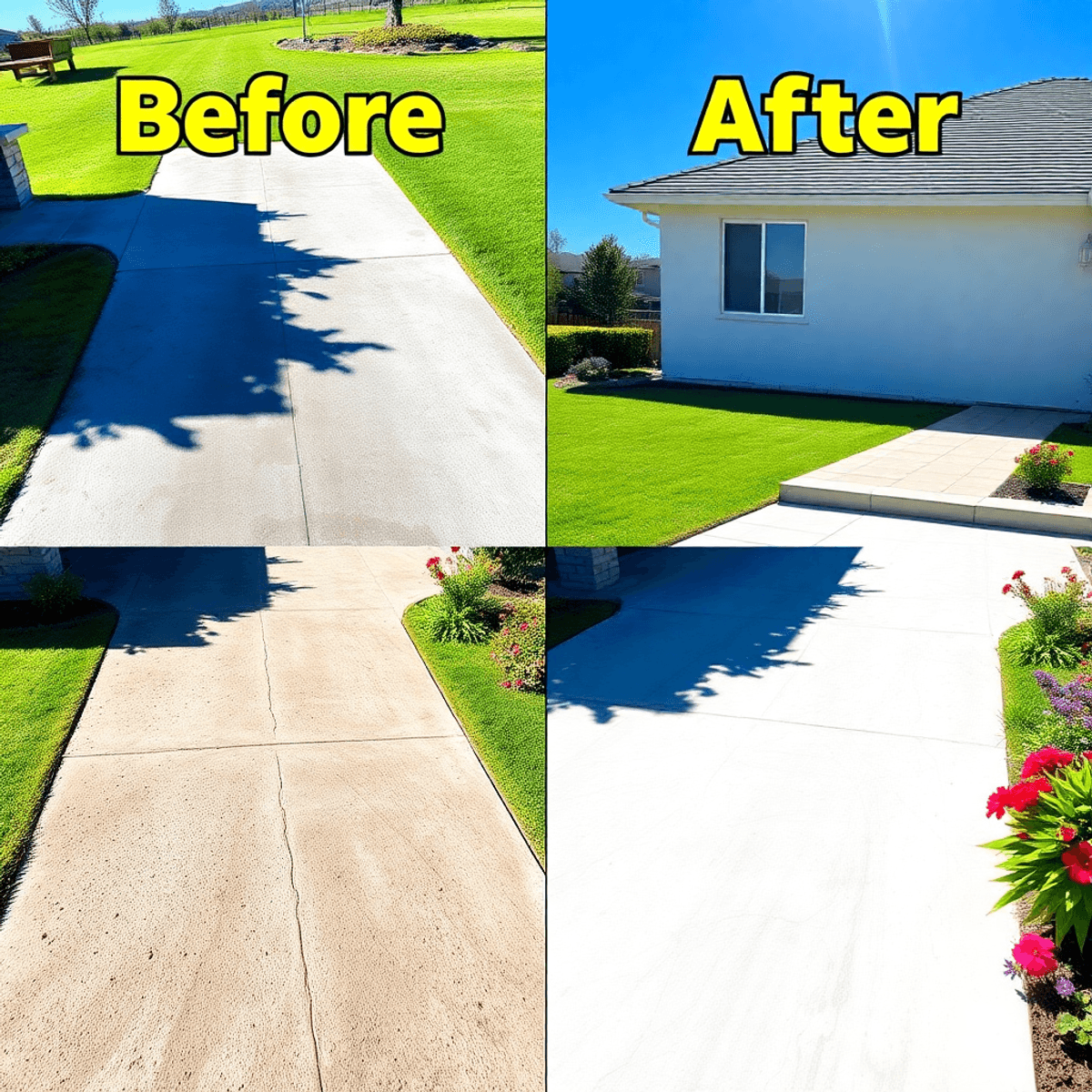A vibrant outdoor scene showcasing a pristine driveway and patio after pressure washing, surrounded by green grass, colorful flowers, and bright blue skies.
