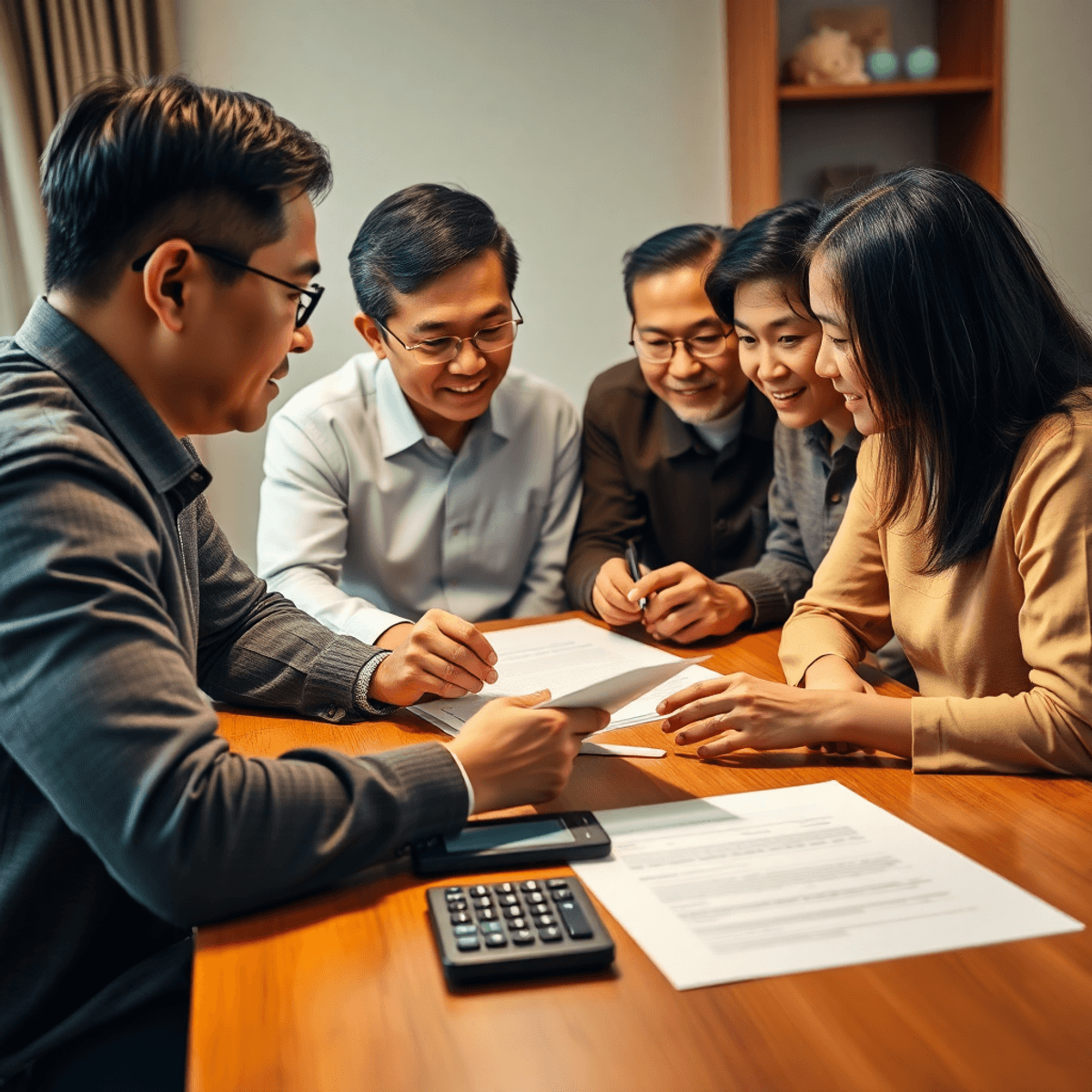 A family gathered around a table, discussing estate planning documents and a calculator, emphasizing collaboration and care for future generations.