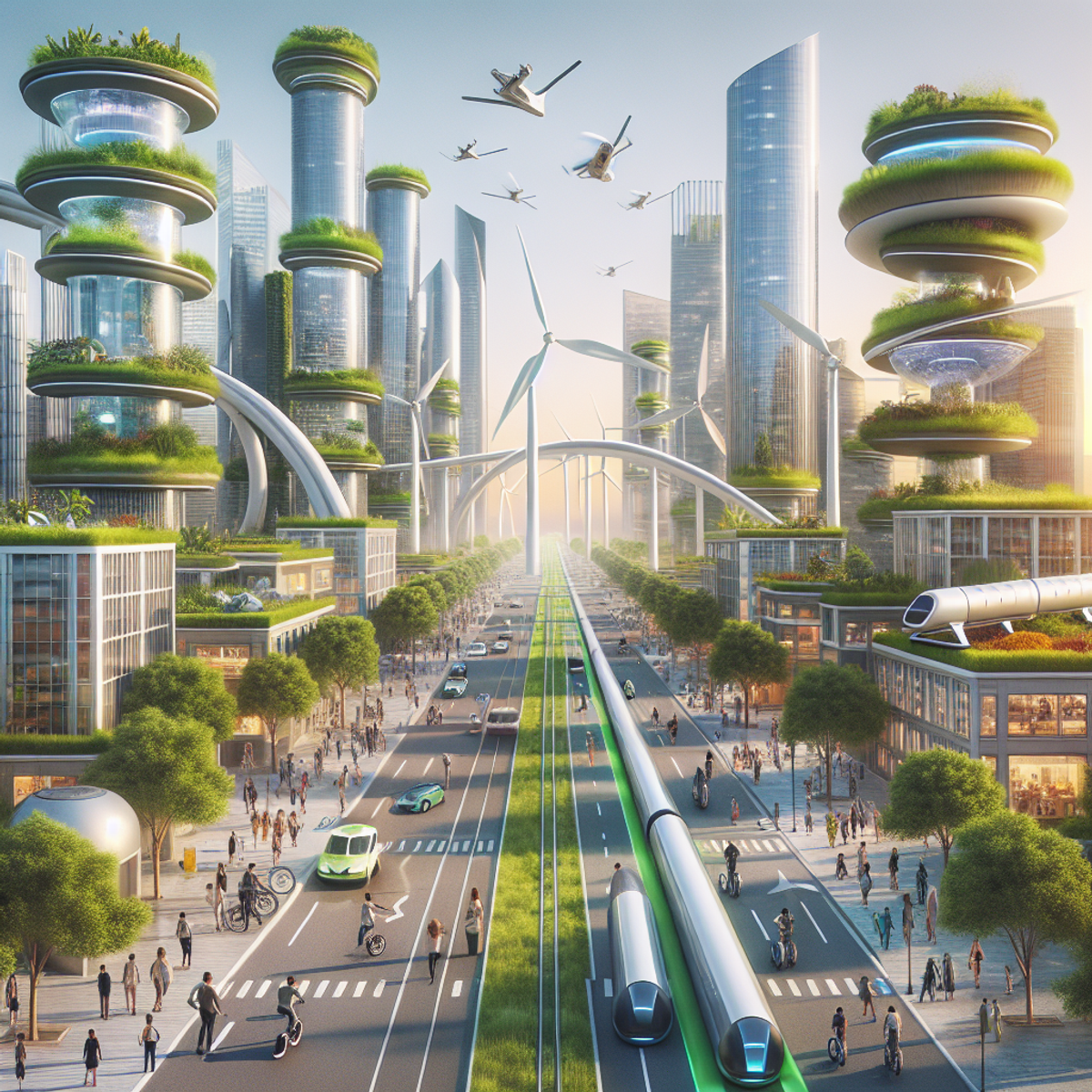 Futuristic cityscape with tall buildings, green roofs, solar panels, wind turbines, hyperloop tracks, and diverse people using eco-friendly transportation.