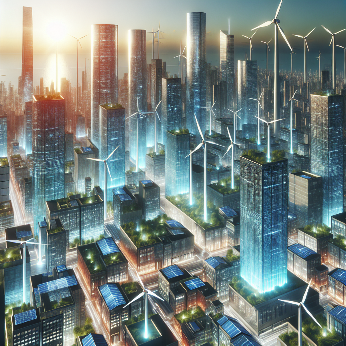 A futuristic cityscape featuring tall skyscrapers, urban residential buildings, wind turbines, and solar panels integrated into the architecture.