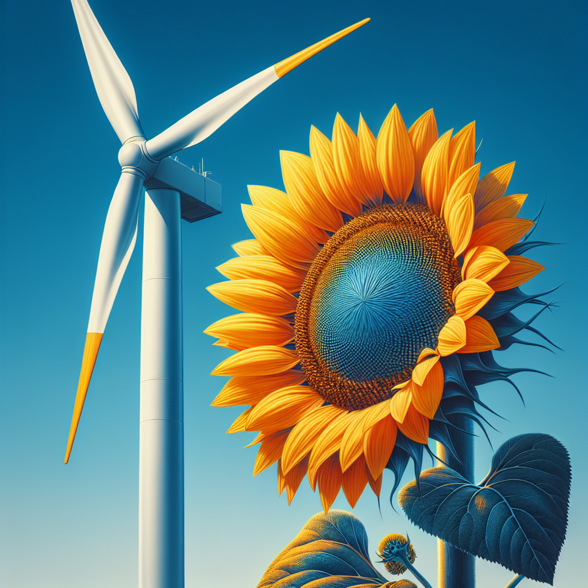 Sunflower and wind turbine against clear blue sky