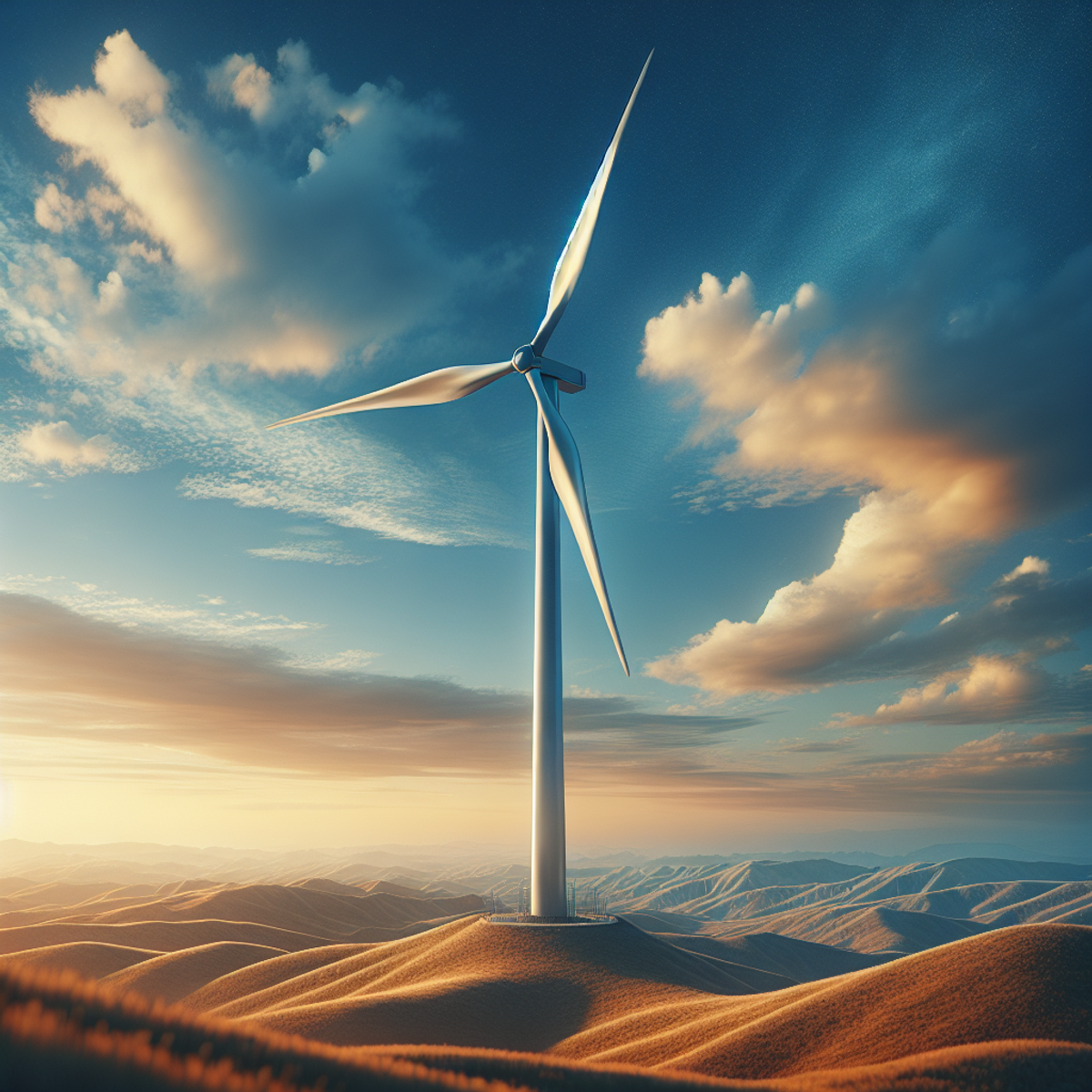 A majestic wind turbine standing tall against a clear blue sky, with its blades gently spinning in the breeze, symbolizing clean and sustainable energy for the future.