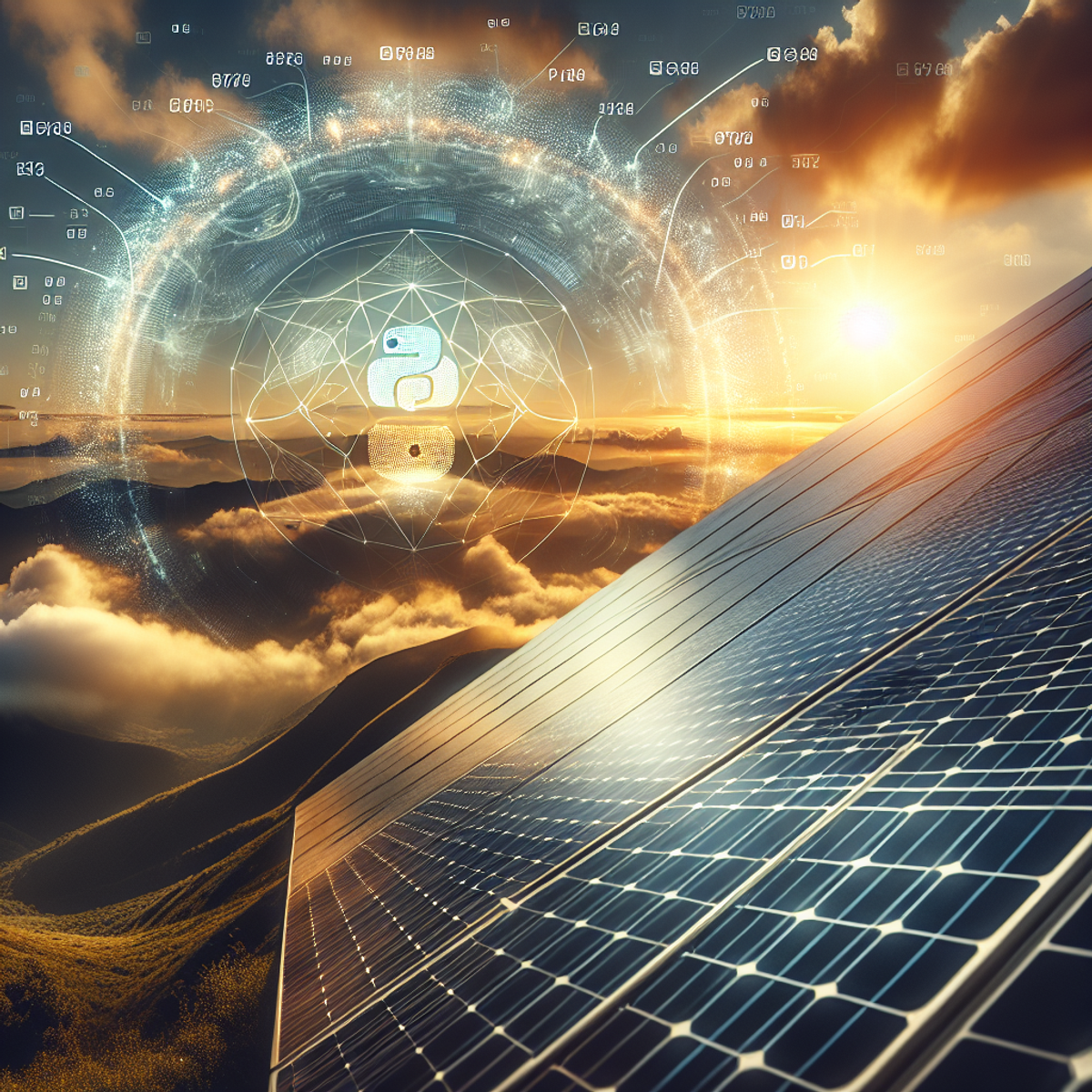 A solar panel in a field with the sun rising in the background.