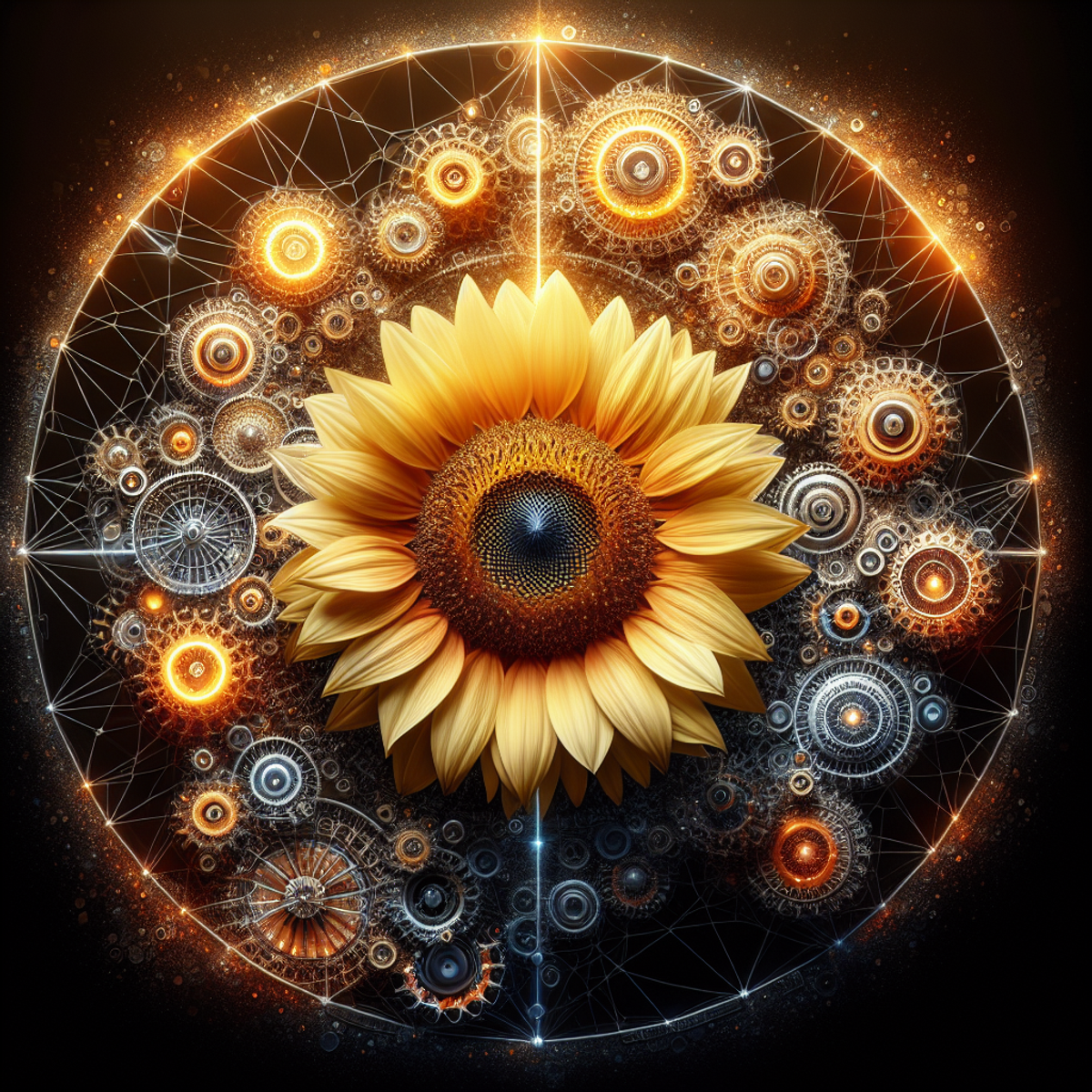 A glowing sunflower in full bloom surrounded by interconnected gears, symbolizing the synergy between machine learning and renewable energy forecasting.