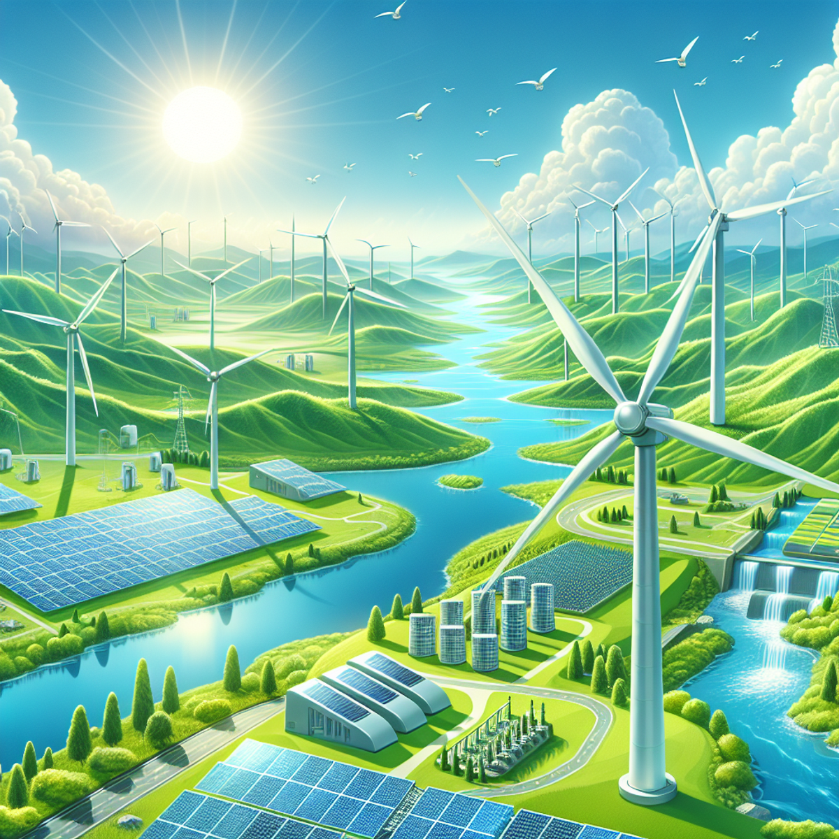 Aerial view of green landscapes with solar panels, wind turbines, and hydroelectric plants.