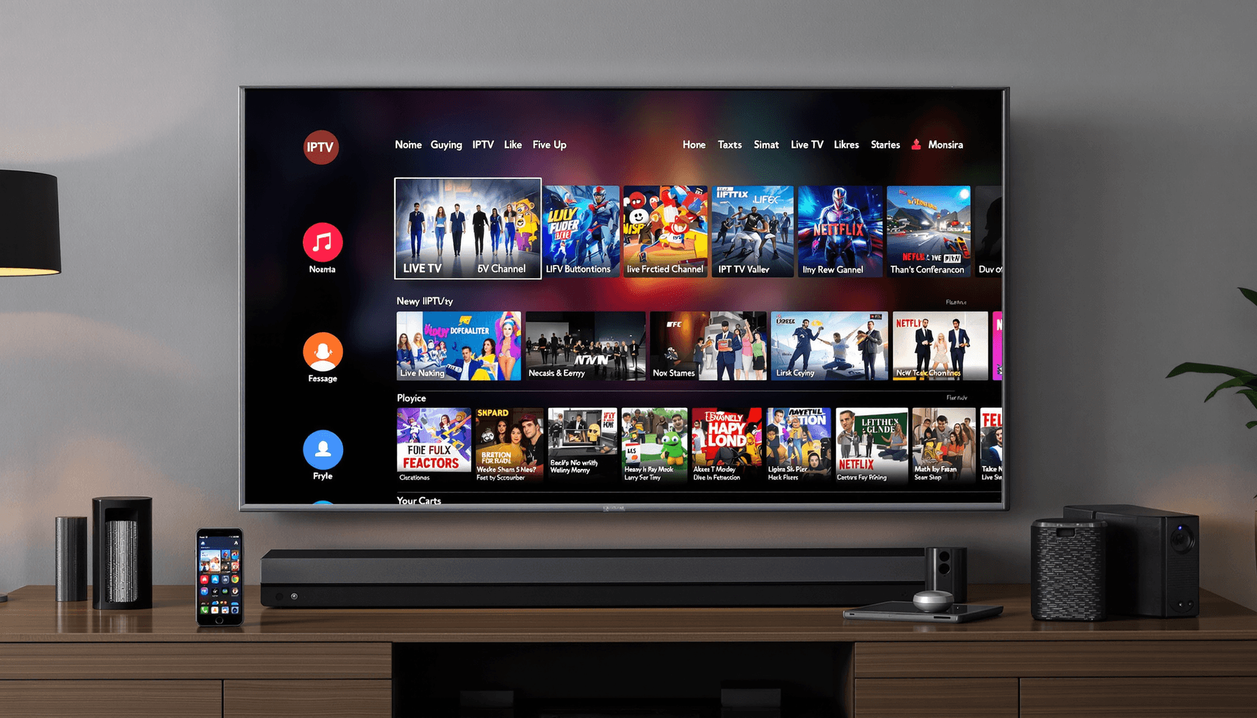 Modern living room with flat-screen TV showing IPTV interface, surrounded by smartphone, tablet, and laptop, illustrating flexible internet TV streaming in 2025.