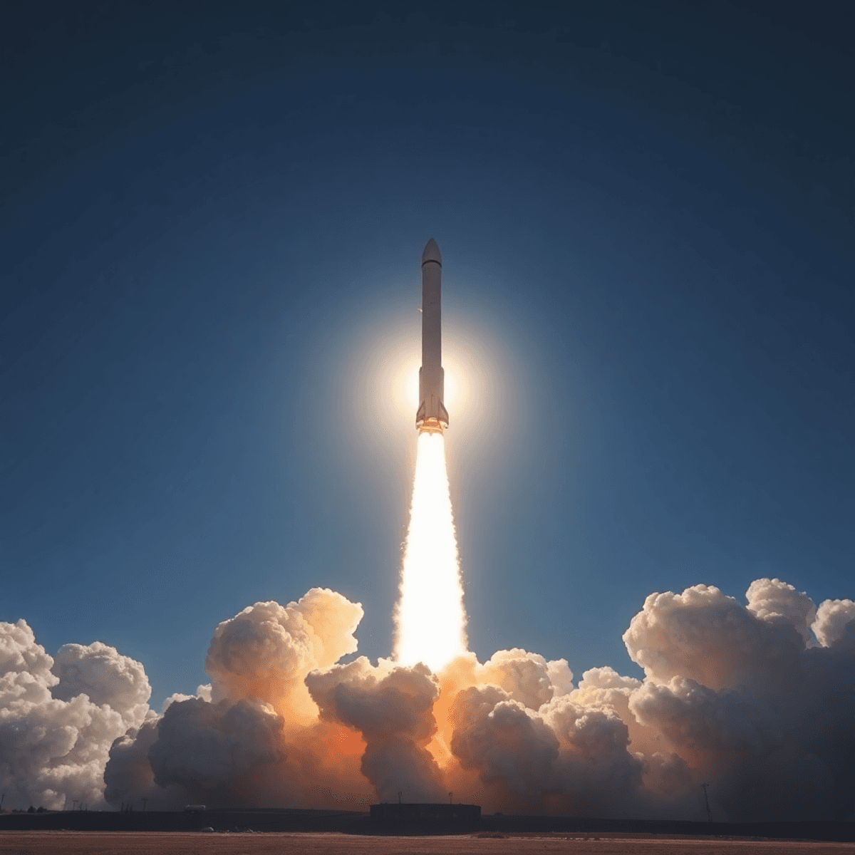 A massive rocket launches into a clear blue sky, surrounded by billowing smoke and fire, with a silhouette against the bright sun, symbolizing space exploration and innovation.