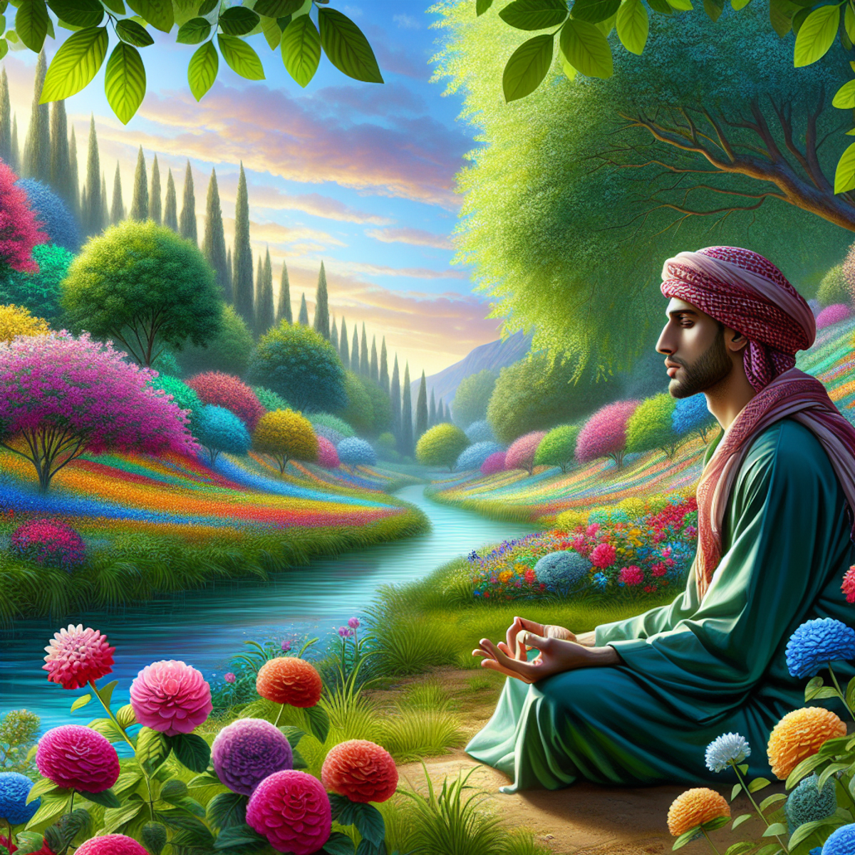 A man meditating in a vibrant, colorful landscape surrounded by lush green foliage and brightly blossomed flowers.