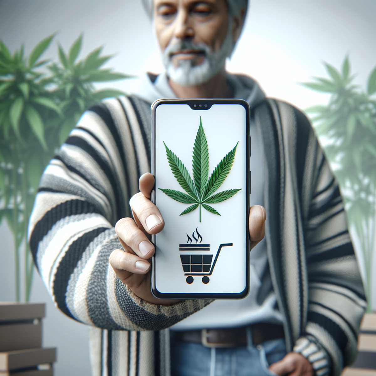 A Hispanic person in casual attire holding a smartphone displaying a cannabis leaf.