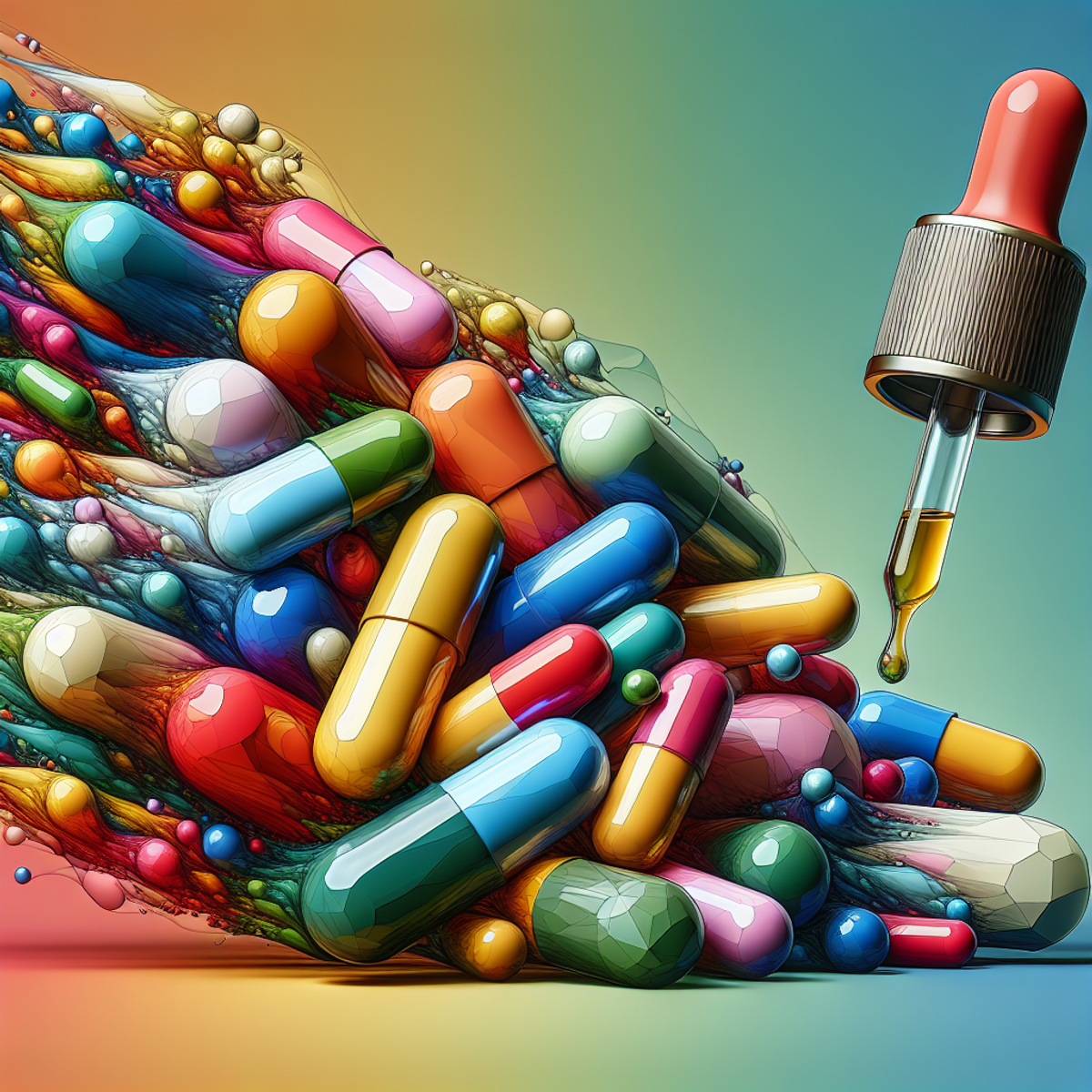A close-up photo of a dropper filled with blue liquid hovering above a collection of colorful capsules arranged in an abstract pattern.