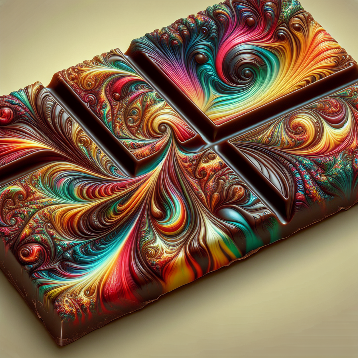 A colorful and dynamic psychedelic swirl pattern on a luxurious magic mushroom chocolate bar.